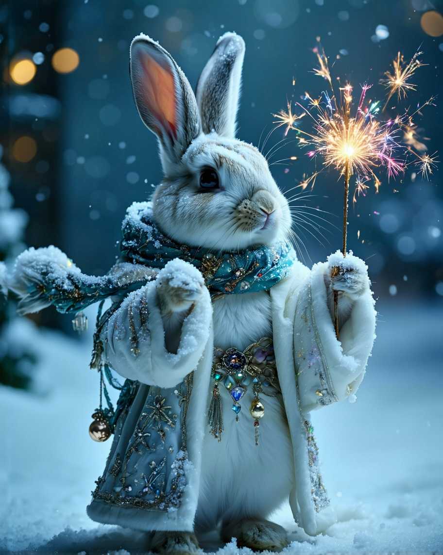 A fierce and elegant Christmas goddess Rabbit, adorned with sparkling jewels and decorations, stands confidently while holding a magic wand. As she swings it into the air, she creates a magnificent display of colorful fireworks that light up the night sky, transforming the scene into a breathtaking spectacle. This magical creature embodies the spirit of creativity and artistry, as her movements are fluid and graceful, bringing a dynamic energy to the static art around her. The enchanting environment, made of glistening snow, reflects the beauty of the season, inviting everyone to celebrate the joy and wonder of the New Year. With the introduction of Transform Static Art into Dynamic Masterpieces Live, your characters can now move, speak, and shine with unparalleled finesse, ensuring that every artistic creation is a masterpiece in its own right. Happy New Year!
