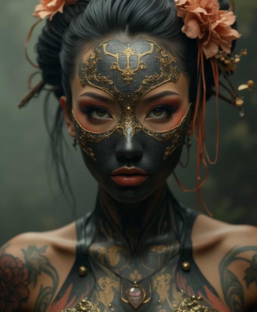 cyborg geisha with cybernetic organism 32k carbon fiber mask, hires professional photography of the highest quality, beautiful face shape, perfect anatomy, expressive gaze, dark sci-fi smoky fog, geisha cyborg tattoos, brown, black sepia and gold filigree, minimalism. cyborg geisha, cybernetic organism, full-length, wide angle, centered, no cropping