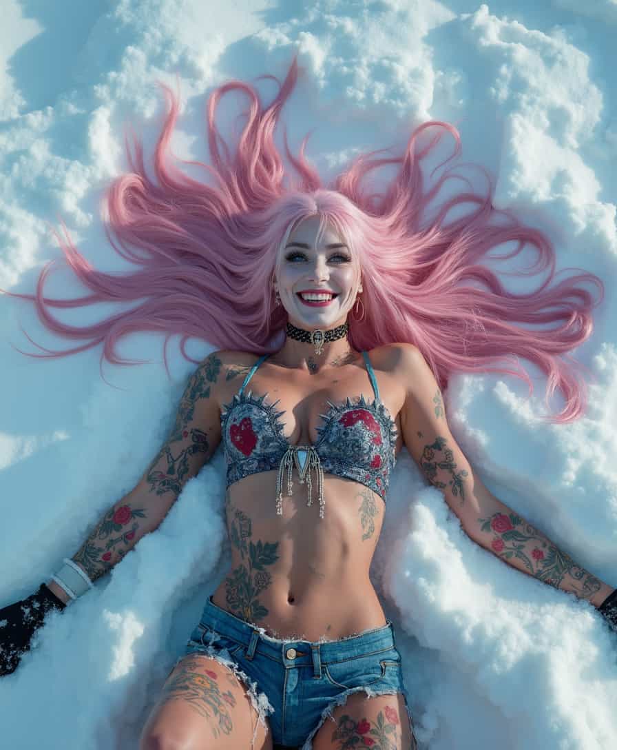 hyperrealistic, 4K ultra high definition, DLSR photograph of  gorgeous, beautiful Harley Quinn, with pink, vey long hair, making snow angels in deep snow. She has beautiful, deep dimples and bright blue eyes and dark mascara and she is totally covered in colorful tattoos. Full body image photograph from head to toe