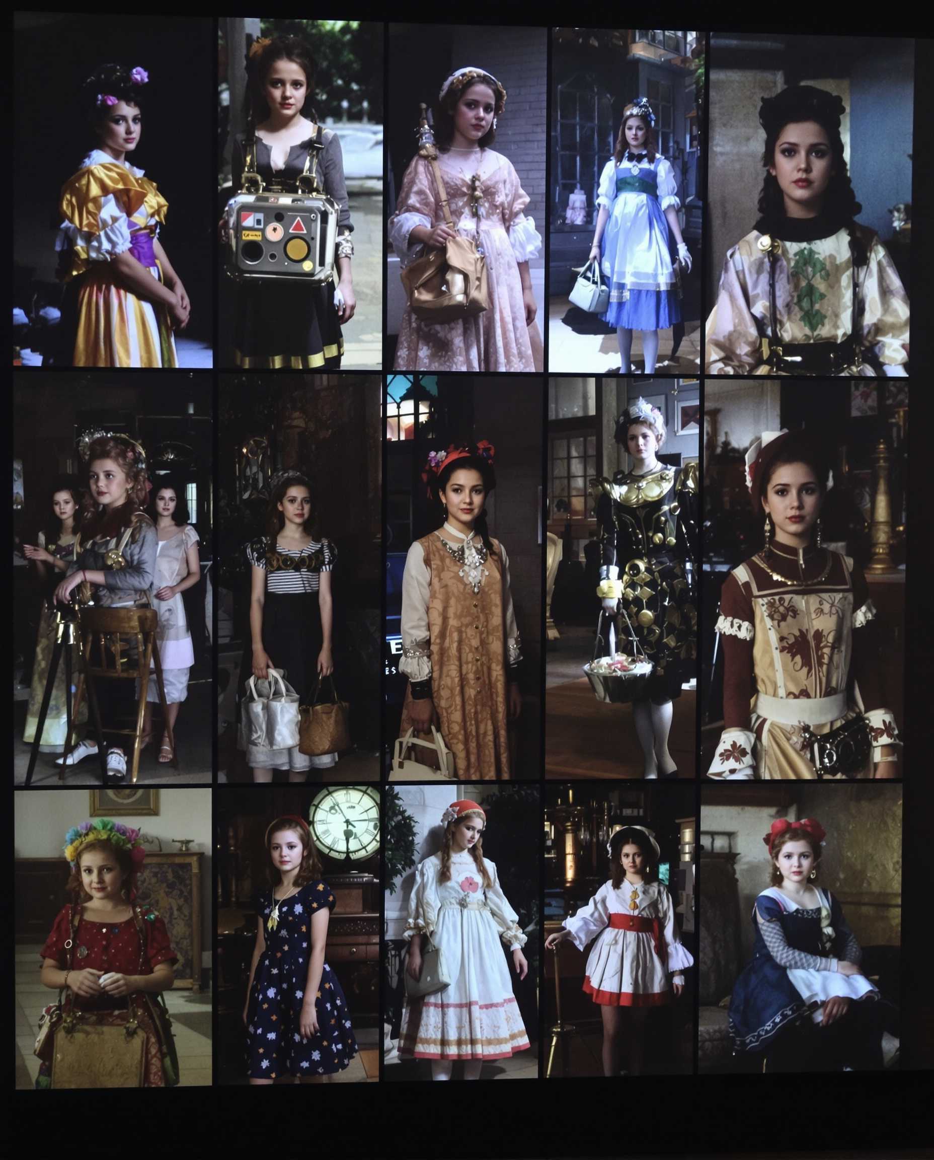 Divide the screen into sixty equal parts, each depicting young girls dressed in different eras