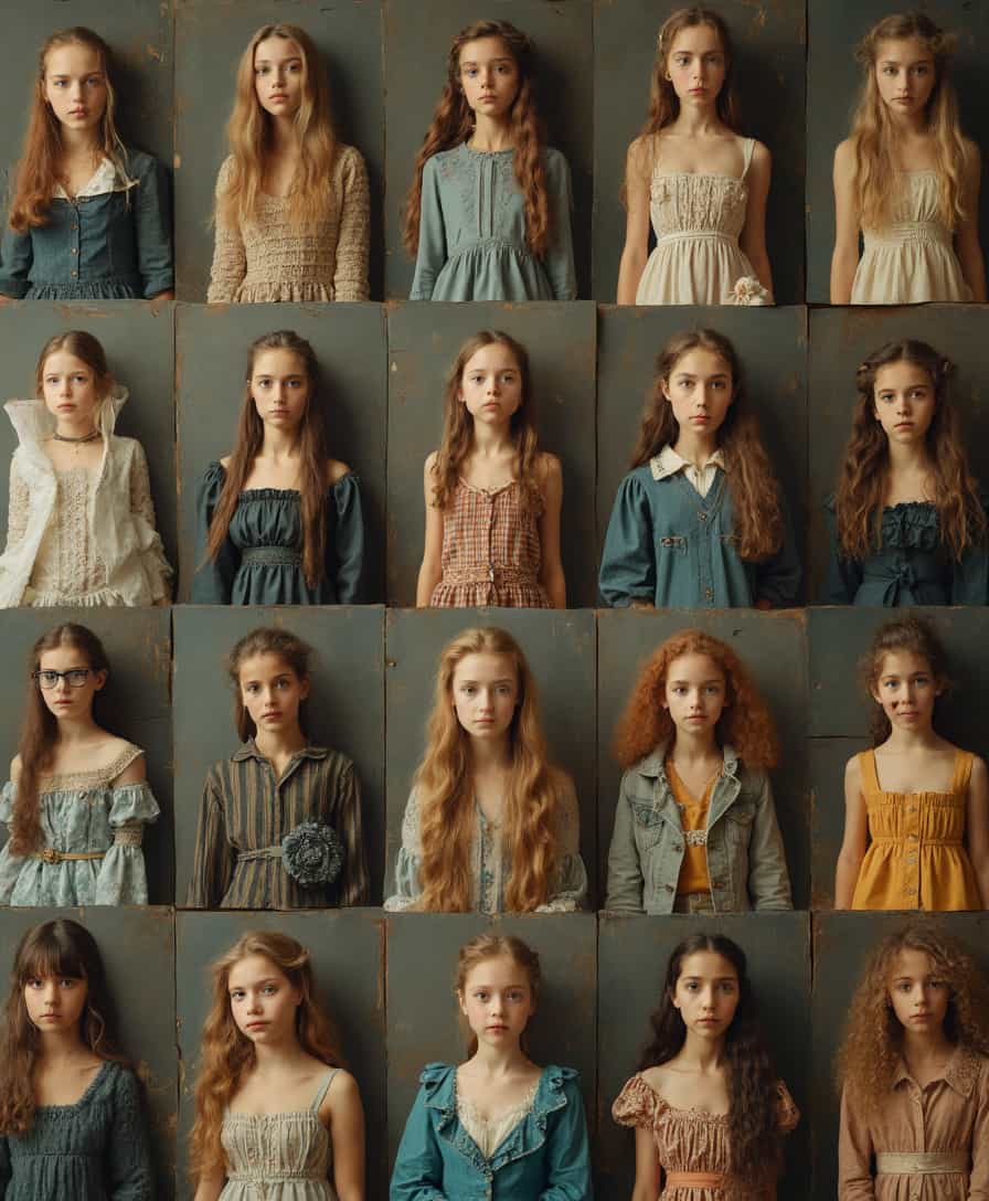 Divide the screen into sixty equal parts, each depicting young girls dressed in different eras