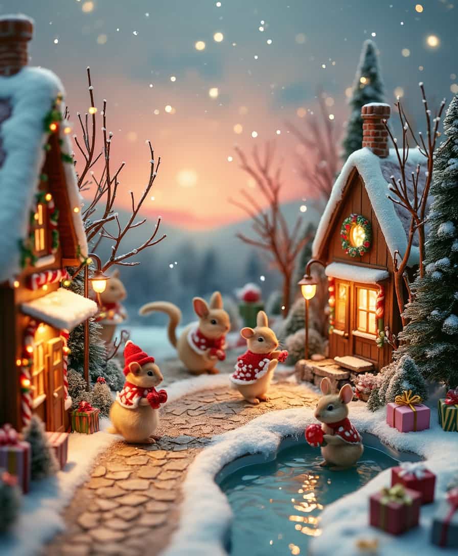 A whimsical Christmas village inhabited by adorable woodland animals dressed in festive holiday outfits. Tiny mice in Santa hats bake cookies in a gingerbread bakery, while a family of rabbits decorates a glowing, snow-dusted tree with oversized candy canes. Squirrels carry tiny wrapped presents up a sparkling cobblestone path to a miniature post office shaped like a tree stump, and hedgehogs skate on a frozen pond surrounded by twinkling fairy lights.The scene is filled with warm, glowing lanterns, snowflakes gently falling, and cheerful details like a bunny pulling a sleigh full of gifts and a cozy café with steam rising from tiny teacups. The backdrop features rolling snowy hills, colorful holiday wreaths on every door, and a sky painted with soft pink and golden hues of a Christmas sunset. Every element radiates charm and festive joy, creating a heart-melting holiday wonderland.