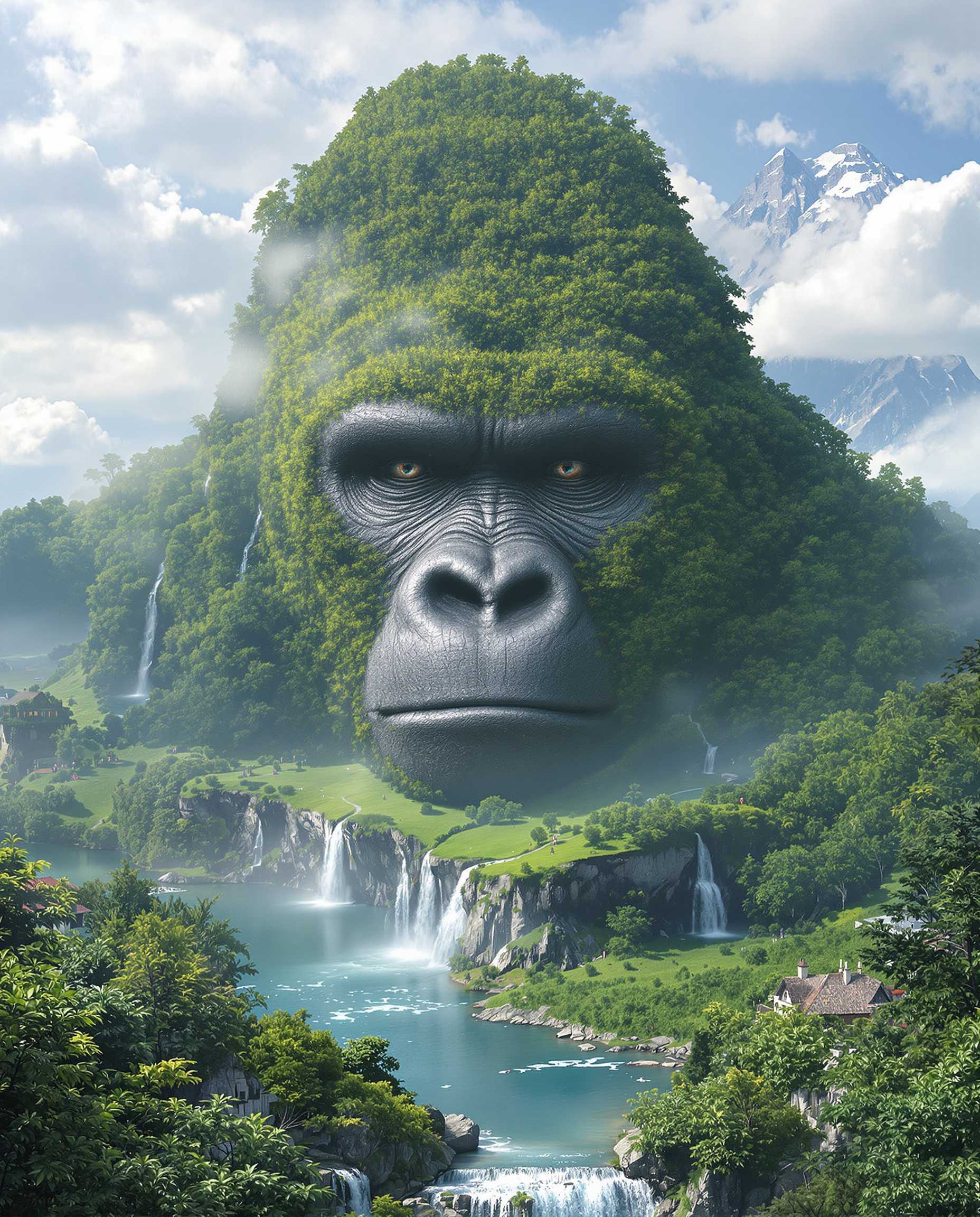 Create a hyper-realistic hill in gorilla shape surrounded by nature(water, hill, mountains in long distance, waterfalls ect), as if the gorilla is about to reveal itself anyone goes close to him. Cover the gorilla's whole body(including face) with hill.