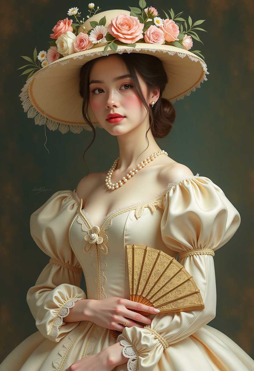 This image is a digital artwork that captures a woman in a Victorian era setting. The art style is reminiscent of a high fashion editorial, with a focus on the intricate details of the costume and accessories, and a soft, romantic atmosphere. The medium appears to be a digital painting, given the smooth blending of colors and the lack of texture that one might find in a traditional painting.The colors in the image are soft and muted, with a predominance of creams, beiges, and pastels. These colors are complemented by the gold accents on the hat and fan, which add a touch of opulence. The figures skin is painted with a delicate blush and subtle shading, giving it a lifelike quality.The objects in the image are central to the composition. The figure is adorned in a lavish Victorian gown with ruffled sleeves and a fitted bodice, detailed with lace and beadwork. The gowns skirt is full and billows out, creating a sense of movement and elegance. The figure is also wearing a wide brimmed hat, decorated with an array of flowers, including roses and daisies, and embellished with pearls and lace. The hats brim is wide enough to cast a shadow over the figures face, adding to the enigmatic quality of the portrait.The woman is holding a delicate fan, intricately decorated with floral motifs and gold detailing. The fans design complements the hat and gown, reinforcing the Victorian theme. The figures hands are adorned with rings and are positioned gracefully, one holding the fan and the other resting on the woman's waist.The background is blurred, focusing the viewers attention on the figure and her attire. The blurred background suggests a setting that is not specific, allowing the viewer to immerse themselves in the details of the woman's costume and accessories.