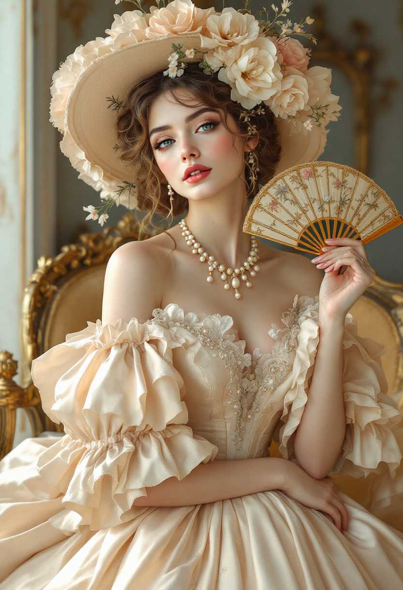 This image is a digital artwork that captures a woman in a Victorian era setting. The art style is reminiscent of a high fashion editorial, with a focus on the intricate details of the costume and accessories, and a soft, romantic atmosphere. The medium appears to be a digital painting, given the smooth blending of colors and the lack of texture that one might find in a traditional painting.The colors in the image are soft and muted, with a predominance of creams, beiges, and pastels. These colors are complemented by the gold accents on the hat and fan, which add a touch of opulence. The figures skin is painted with a delicate blush and subtle shading, giving it a lifelike quality.The objects in the image are central to the composition. The figure is adorned in a lavish Victorian gown with ruffled sleeves and a fitted bodice, detailed with lace and beadwork. The gowns skirt is full and billows out, creating a sense of movement and elegance. The figure is also wearing a wide brimmed hat, decorated with an array of flowers, including roses and daisies, and embellished with pearls and lace. The hats brim is wide enough to cast a shadow over the figures face, adding to the enigmatic quality of the portrait.The woman is holding a delicate fan, intricately decorated with floral motifs and gold detailing. The fans design complements the hat and gown, reinforcing the Victorian theme. The figures hands are adorned with rings and are positioned gracefully, one holding the fan and the other resting on the woman's waist.The background is blurred, focusing the viewers attention on the figure and her attire. The blurred background suggests a setting that is not specific, allowing the viewer to immerse themselves in the details of the woman's costume and accessories.