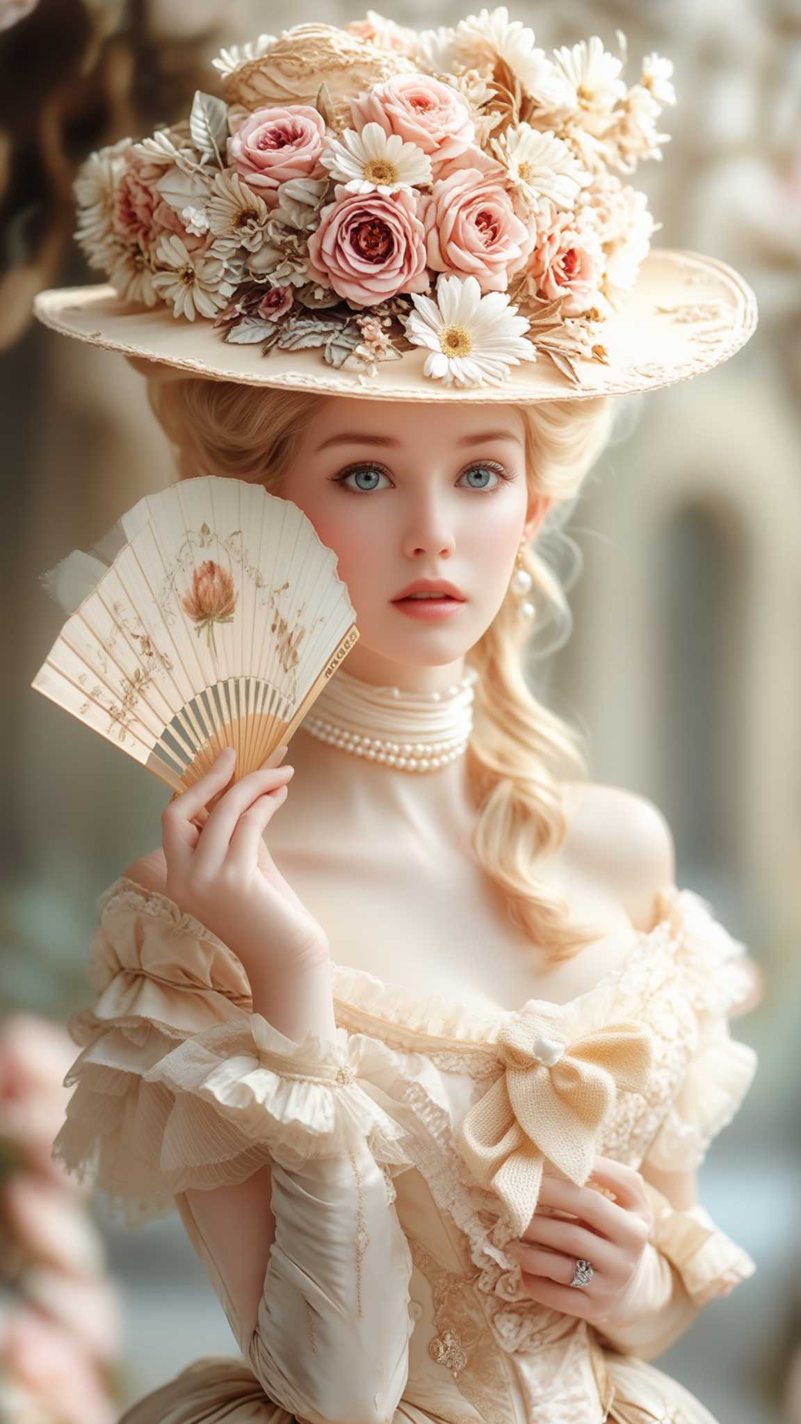 This image is a digital artwork that captures a woman in a Victorian era setting. The art style is reminiscent of a high fashion editorial, with a focus on the intricate details of the costume and accessories, and a soft, romantic atmosphere. The medium appears to be a digital painting, given the smooth blending of colors and the lack of texture that one might find in a traditional painting.The colors in the image are soft and muted, with a predominance of creams, beiges, and pastels. These colors are complemented by the gold accents on the hat and fan, which add a touch of opulence. The figures skin is painted with a delicate blush and subtle shading, giving it a lifelike quality.The objects in the image are central to the composition. The figure is adorned in a lavish Victorian gown with ruffled sleeves and a fitted bodice, detailed with lace and beadwork. The gowns skirt is full and billows out, creating a sense of movement and elegance. The figure is also wearing a wide brimmed hat, decorated with an array of flowers, including roses and daisies, and embellished with pearls and lace. The hats brim is wide enough to cast a shadow over the figures face, adding to the enigmatic quality of the portrait.The woman is holding a delicate fan, intricately decorated with floral motifs and gold detailing. The fans design complements the hat and gown, reinforcing the Victorian theme. The figures hands are adorned with rings and are positioned gracefully, one holding the fan and the other resting on the woman's waist.The background is blurred, focusing the viewers attention on the figure and her attire. The blurred background suggests a setting that is not specific, allowing the viewer to immerse themselves in the details of the woman's costume and accessories.
