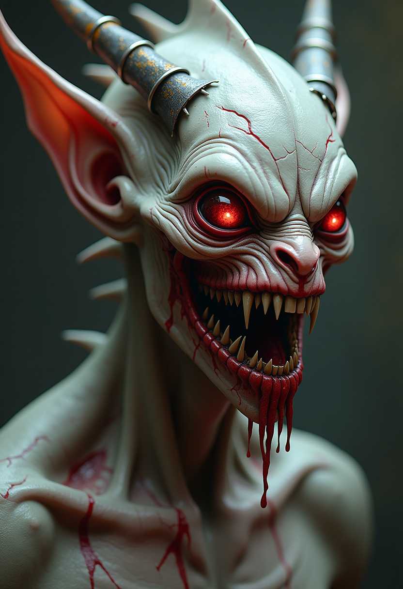 This image is a closeup and detailed depiction of a creature that appears to be a blend of fantasy and horror elements. The creature has elongated, pointed ears that are reminiscent of those found on mythical creatures like elves or goblins. The ears are adorned with what seem to be metallic or mechanical elements, giving them a futuristic or cybernetic twist.The creatures face is the focal point of the image. It has large, bulging eyes that are a deep, bloodred color, with a glossy finish that reflects light. The eyes are detailed with what appear to be cracks or veins, giving them a sense of age or decay. The pupils are not visible, but the overall effect is one of intense, unsettling gaze.The creatures mouth is wide open, revealing a set of sharp, pointed teeth that are also a bloodred color, matching the eyes. The teeth are bared in a grimace, and there is a noticeable gap between the front teeth, adding to the menacing appearance. The mouth is dripping with a viscous substance that resembles blood, which cascades down the creatures chin and neck.The creatures skin is textured and appears to be made of a material that is both flexible and tough, with a mottled gray and white color palette. There are various scars and marks on the skin, which are also streaked with red, suggesting that the creature has been through some sort of trauma or battle.The creatures neck is bare, and there are more streaks of red on the skin, indicating that the blood is not just from the mouth. The neck muscles are welldefined, and there are some scars or marks that run vertically down the neck.The creatures shoulders are visible, and they are also adorned with what appear to be scars or marks, similar to those on the neck. The shoulders are muscular, and there are some protrusions or appendages that could be interpreted as armor or additional features.The overall art style of the image is realistic with a touch of fantasy, and the medium appears to be a digital painting or illustration. The colors are quite dark, with deep reds, grays, and whites dominating the palette. The lighting is subdued, with shadows and highlights that give the creature a threedimensional form.The objects in the image are primarily the creature itself, with its detailed features and textured skin. There are no other objects or characters present, focusing the viewers attention solely on the creatures menacing and otherworldly appearance.