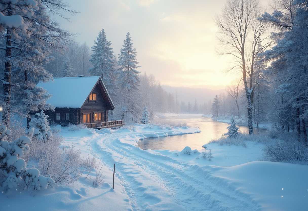 Create a serene Swedish winter wonderland scene, where **snowflakes** gently **dance** in the **crisp, cold air**. The environment should be **bathed in the soft, muted light** of a late afternoon, with the sun setting behind **snow-laden pine trees**, casting **long, blue shadows** across a **freshly powdered snowscape**. 

- **Visual Details**: The snow should glisten with **icy crystals**, reflecting the ambient light in a spectrum of **blues, whites, and silvers**. The trees, **frosted with snow**, display intricate **patterns of ice**, and the **frozen lake** in the background mirrors the **sky**, with **subtle cracks** showing through the ice.

- **Style**: Capture this scene in the style of **Nordic Romanticism**, emphasizing the **majestic and peaceful** nature of the landscape, with a touch of **realism** to convey the depth and texture of the environment.

- **Composition**: The camera angle should be **slightly elevated**, providing a **panoramic view** of the landscape. Position the main focal point, perhaps a **solitary cabin** or a **meandering path through the snow**, in the **mid-ground**, allowing the vastness of the winter landscape to envelop the scene.

- **Mood and Atmosphere**: The mood should be **tranquil and introspective**, evoking a sense of **solitude** yet **comfort**, with the **cold air** contrasted by the **warm glow** from inside the cabin, if included. The atmosphere is **still**, with the **only sound being the whisper of falling snow**.

- **Technical Aspects**: Use **shallow depth of field** to focus on the foreground elements while allowing the background to **softly blur**, creating a **sense of depth**. Employ **soft focus** techniques to mimic the **frosty lens effect** often seen in cold weather photography. 

- **Cohesion**: Ensure all elements blend to create a **harmonious, believable winter scene** that feels **authentic to the Swedish wilderness**, with every detail from the **snow texture** to the **atmospheric conditions** working together to evoke the **magic of a winter wonderland**.