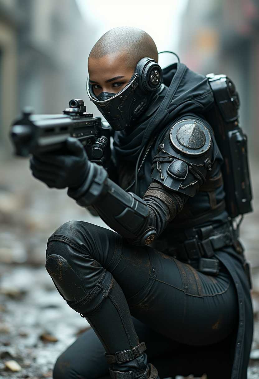 dirty black armed female in sci-fi battle armor with cybernetic helmet, aiming on one knee, mask, black coat, white csci-fi visor, bald head, armed figure, weapon in hand, aiming, plate armor, insulated armor, spacesuit, lots of small details, sci-fi movie style, on a ruined city street, overcast, photography, natural textures, natural light, natural blur, photorealism,cinematic rendering, ray tracing, highest quality, highest detail,Cinematic,Third-Person View,Blur Effect,