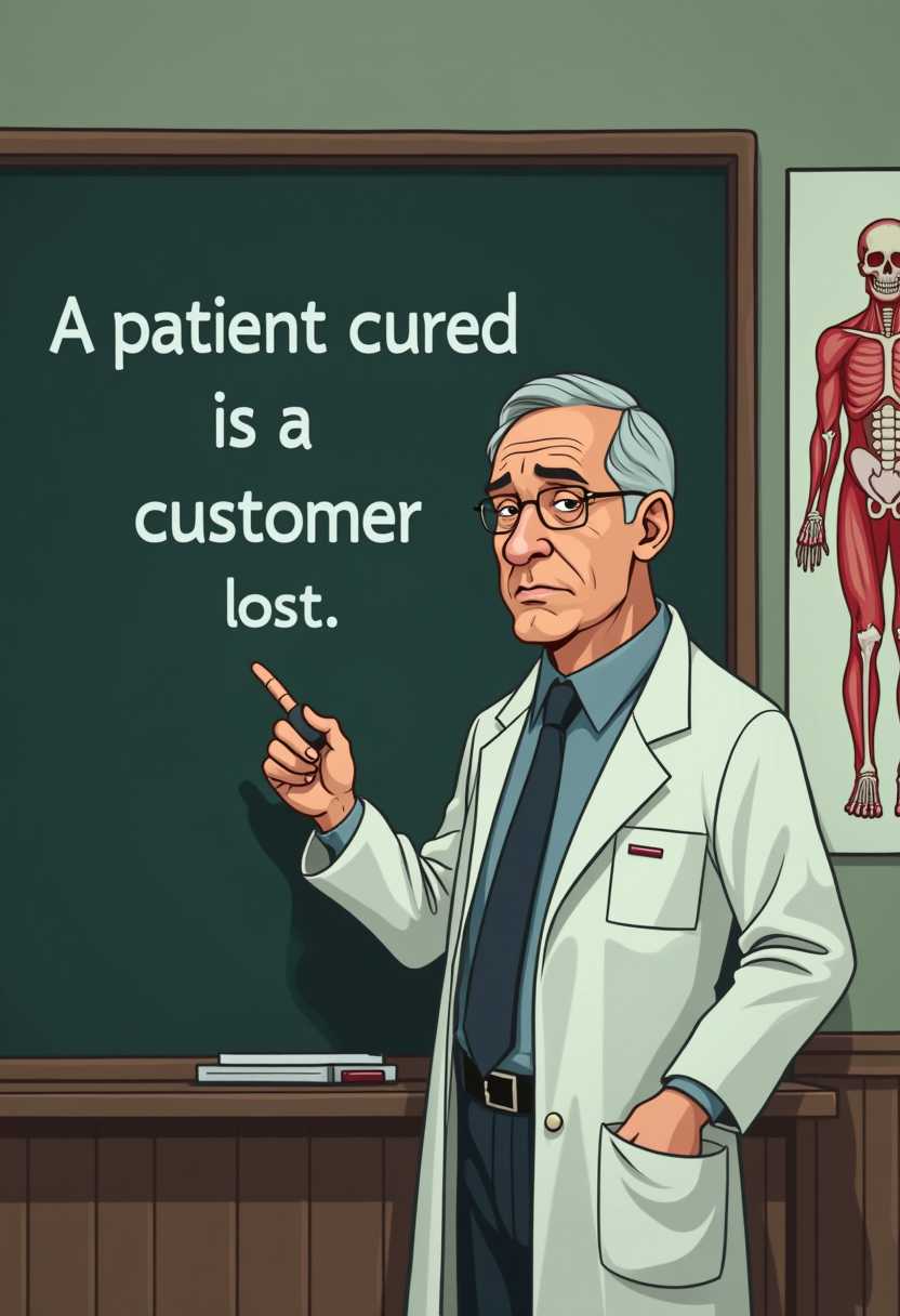 A 3d pixar of a middle-aged, light-skinned man, in a light gray/white lab coat, and dark tie, stands before a dark chalkboard in a classroom setting. He is positioned slightly to the right of center, facing forward, and holding a pointer.  The man's expression is serious, and he is looking directly at the viewer.  The chalkboard has the text "A patient cured is a customer lost." written on it in capitalized, simple, sans-serif font.  The artwork style is comic-strip, with bold lines and muted tones of grays, greens, and browns. The man displays a serious, almost apologetic expression, which contrasts with the humorous statement on the chalkboard. An anatomical chart of limbs and bones is on the wall behind him and to the right. Simple linework gives the image depth with a comic-book style. The lighting is neutral. The overall atmosphere is humorous and poignant, reflecting a lighthearted take on the realities of a medical student's education