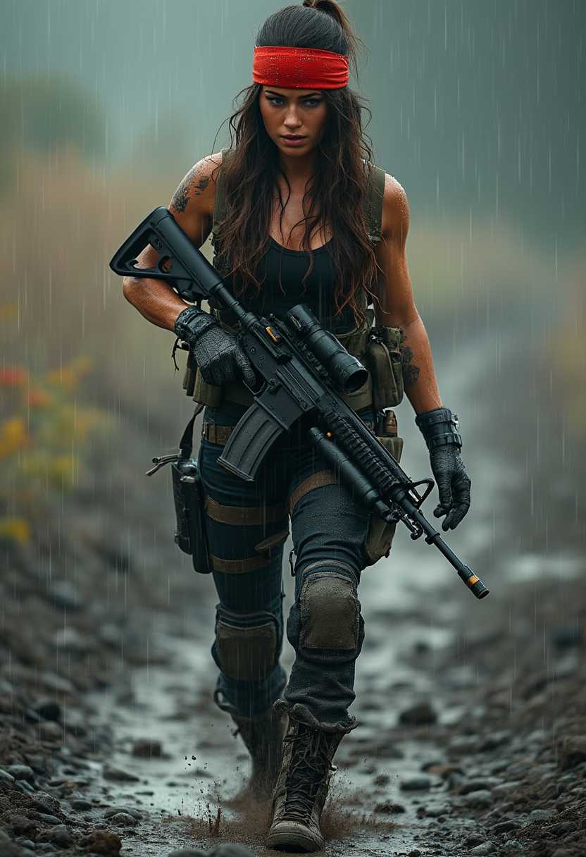 hyper realistic photo with ultra HD high resolution and very high image sharpness of a rugged woman with long wavy brown hair, wearing a red headband, black top, black tactical pants and military boots, is carrying a machine gun with bullets on her body, walking with a cool face and a body full of mud,, the atmosphere in heavy rain
