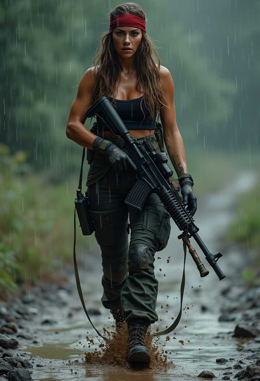 hyper realistic photo with ultra HD high resolution and very high image sharpness of a rugged woman with long wavy brown hair, wearing a red headband, black top, black tactical pants and military boots, is carrying a machine gun with bullets on her body, walking with a cool face and a body full of mud,, the atmosphere in heavy rain
