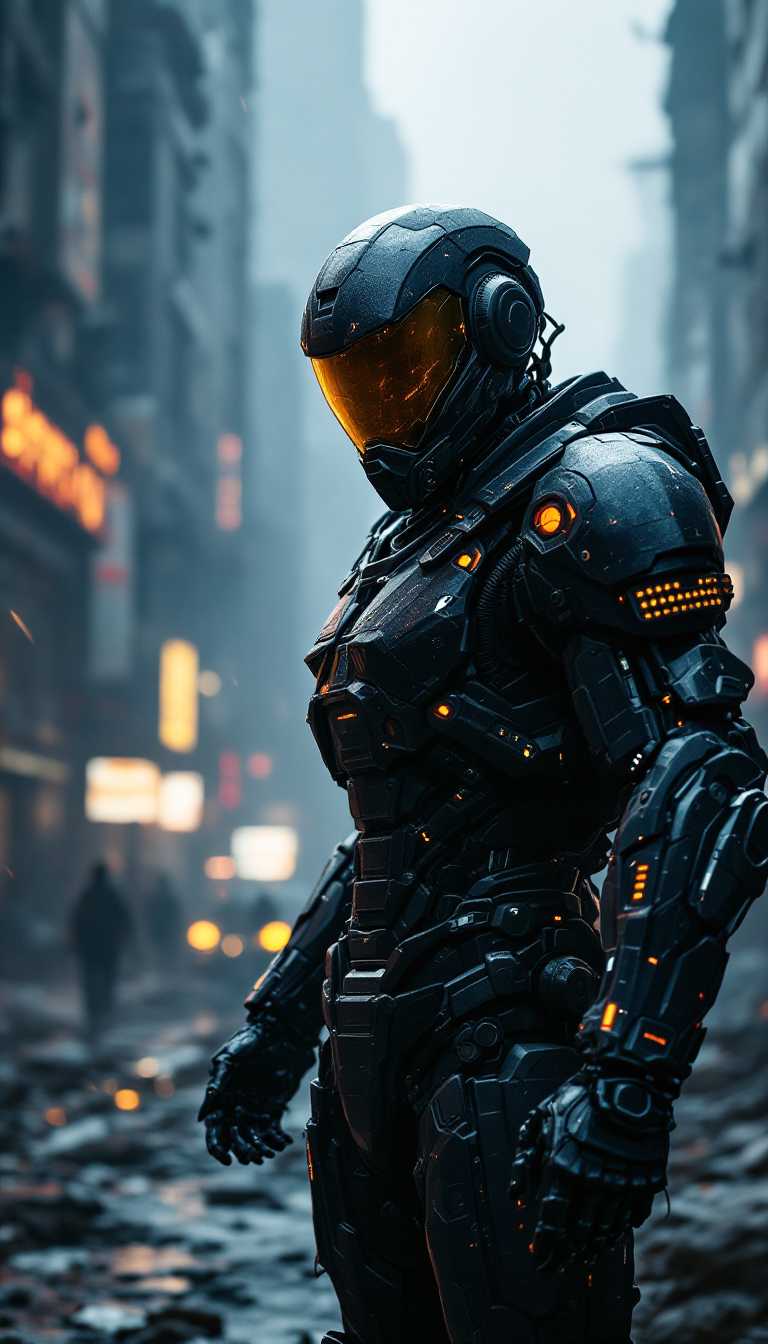 A cinematic futuristic scene focused on a futuristic soldier in the style of dark reflections. A realistic buffed mechanical soldier wearing an advanced technological exoskeleton suit in a high-tech city of a dystopian world of cyberpunk war-torn cityscape in the style of league of legends::2 battle-damaged buildings, futuristic weaponry, tactical brilliance, human-robot synergy, chaos, robotics
