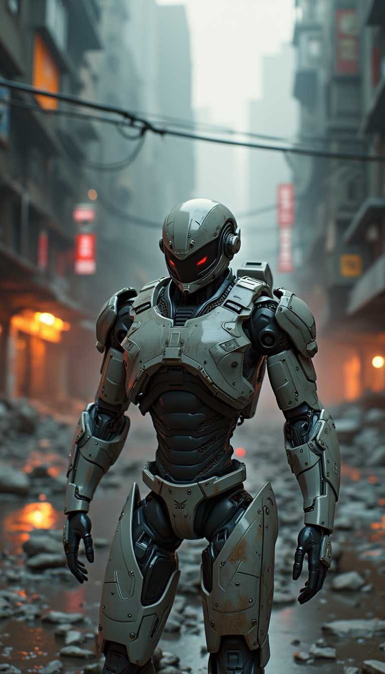 A 3d cinematic futuristic scene focused on a futuristic soldier in the style of dark reflections. A realistic buffed mechanical soldier wearing an advanced technological exoskeleton suit in a high-tech city of a dystopian world of cyberpunk war-torn cityscape in the style of league of legends::2 battle-damaged buildings, futuristic weaponry, tactical brilliance, human-robot synergy, chaos, robotics
