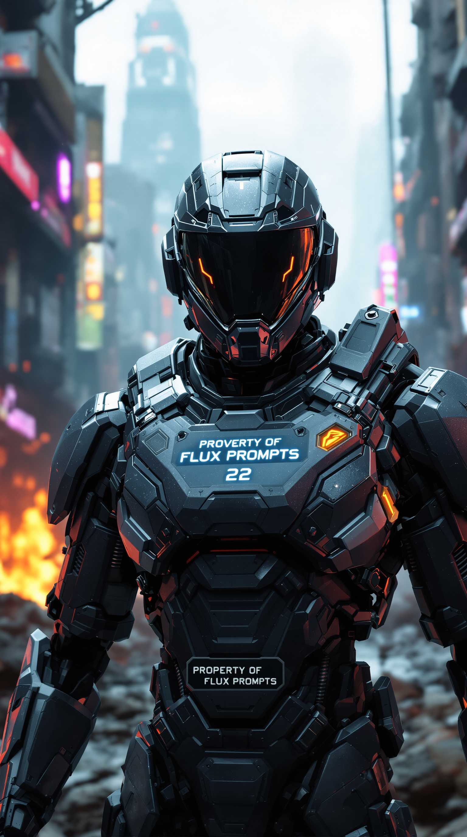A 3d cinematic futuristic scene focused on a futuristic soldier in the style of dark reflections. A realistic buffed mechanical soldier wearing an advanced technological exoskeleton suit in a high-tech city of a dystopian world of cyberpunk war-torn cityscape in the style of league of legends::2 battle-damaged buildings, futuristic weaponry, tactical brilliance, human-robot synergy, chaos, robotics, name badge on chest with the words that reads "PROPERTY OF FLUX PROMPTS" 3d clean neon text