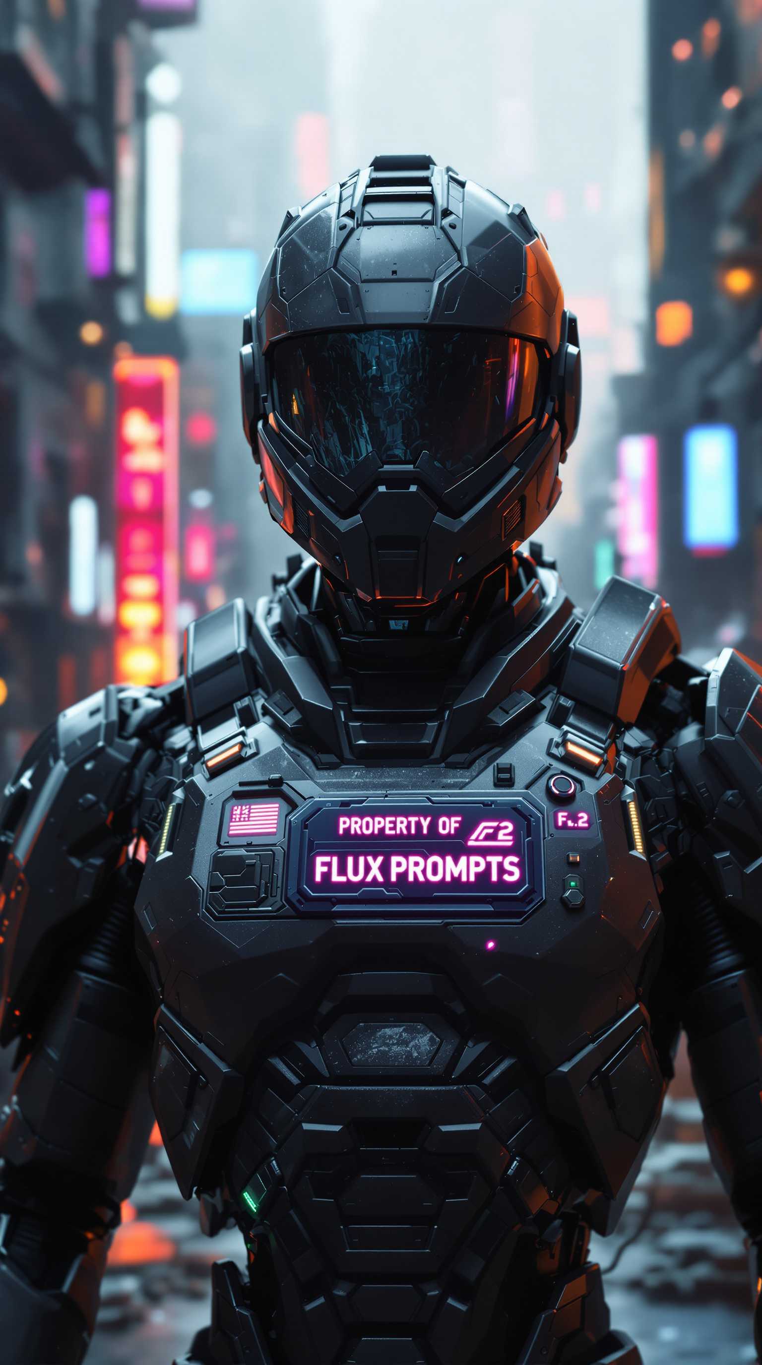 A 3d cinematic futuristic scene focused on a futuristic soldier in the style of dark reflections. A realistic buffed mechanical soldier wearing an advanced technological exoskeleton suit in a high-tech city of a dystopian world of cyberpunk war-torn cityscape in the style of league of legends::2 battle-damaged buildings, futuristic weaponry, tactical brilliance, human-robot synergy, chaos, robotics, name badge on chest with the words that reads "PROPERTY OF FLUX PROMPTS" 3d clean neon text
