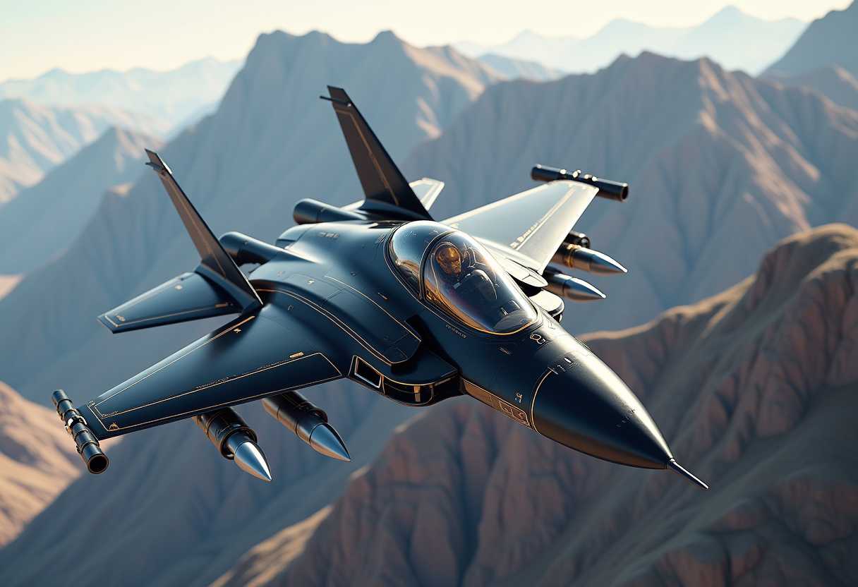 This image depicts a sleek, futuristic fighter jet in midflight against a backdrop of a rugged, mountainous terrain. The jet is predominantly black with gold and white detailing, giving it an elegant and powerful appearance. The design of the aircraft is modern and aerodynamic, with a sharp nose and sweptback wings that provide highspeed maneuverability.The cockpit of the jet is transparent, allowing the pilot to have an unobstructed view of the surroundings. The canopy is tinted with a gradient of colors that transition from a darker shade at the top to a lighter shade at the bottom, which adds to the overall futuristic aesthetic of the aircraft.The fighter jet is equipped with missiles mounted on its wings and under its fuselage, indicating its combat capabilities. The missiles are cylindrical with pointed tips, and their metallic silver color complements the overall design of the jet.The mountains in the background are rugged and jagged, with steep cliffs and ridges that create a dramatic contrast with the sleek lines of the aircraft. The terrain is a mix of browns and grays, with shadows cast by the sunlight accentuating the depth and texture of the mountains.The sky is a soft blue, with a few wisps of clouds, which adds to the sense of openness and the vastness of the environment. The lighting in the image is natural, with the sun casting a warm glow on the mountains and the aircraft, highlighting the details and textures of both.The art style of the image is digital, with a high level of realism achieved through the use of lighting, shadows, and textures. The medium appears to be a 3D rendering, given the smooth surfaces and the way light interacts with the objects in the scene.Overall, the image conveys a sense of advanced technology, power, and the beauty of nature combined.
