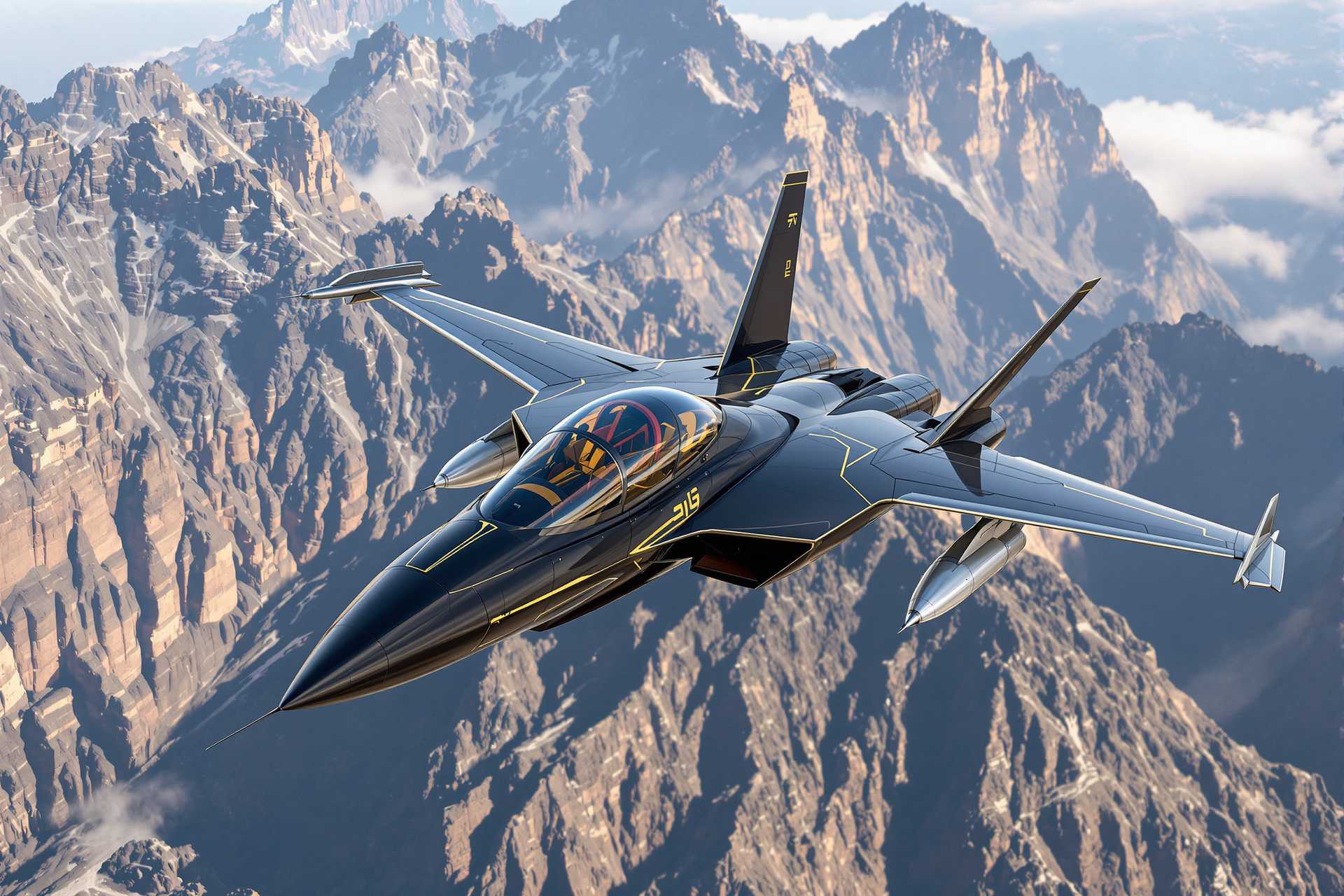 This image depicts a sleek, futuristic fighter jet in midflight against a backdrop of a rugged, mountainous terrain. The jet is predominantly black with gold and white detailing, giving it an elegant and powerful appearance. The design of the aircraft is modern and aerodynamic, with a sharp nose and sweptback wings that provide highspeed maneuverability.The cockpit of the jet is transparent, allowing the pilot to have an unobstructed view of the surroundings. The canopy is tinted with a gradient of colors that transition from a darker shade at the top to a lighter shade at the bottom, which adds to the overall futuristic aesthetic of the aircraft.The fighter jet is equipped with missiles mounted on its wings and under its fuselage, indicating its combat capabilities. The missiles are cylindrical with pointed tips, and their metallic silver color complements the overall design of the jet.The mountains in the background are rugged and jagged, with steep cliffs and ridges that create a dramatic contrast with the sleek lines of the aircraft. The terrain is a mix of browns and grays, with shadows cast by the sunlight accentuating the depth and texture of the mountains.The sky is a soft blue, with a few wisps of clouds, which adds to the sense of openness and the vastness of the environment. The lighting in the image is natural, with the sun casting a warm glow on the mountains and the aircraft, highlighting the details and textures of both.The art style of the image is digital, with a high level of realism achieved through the use of lighting, shadows, and textures. The medium appears to be a 3D rendering, given the smooth surfaces and the way light interacts with the objects in the scene.Overall, the image conveys a sense of advanced technology, power, and the beauty of nature combined.