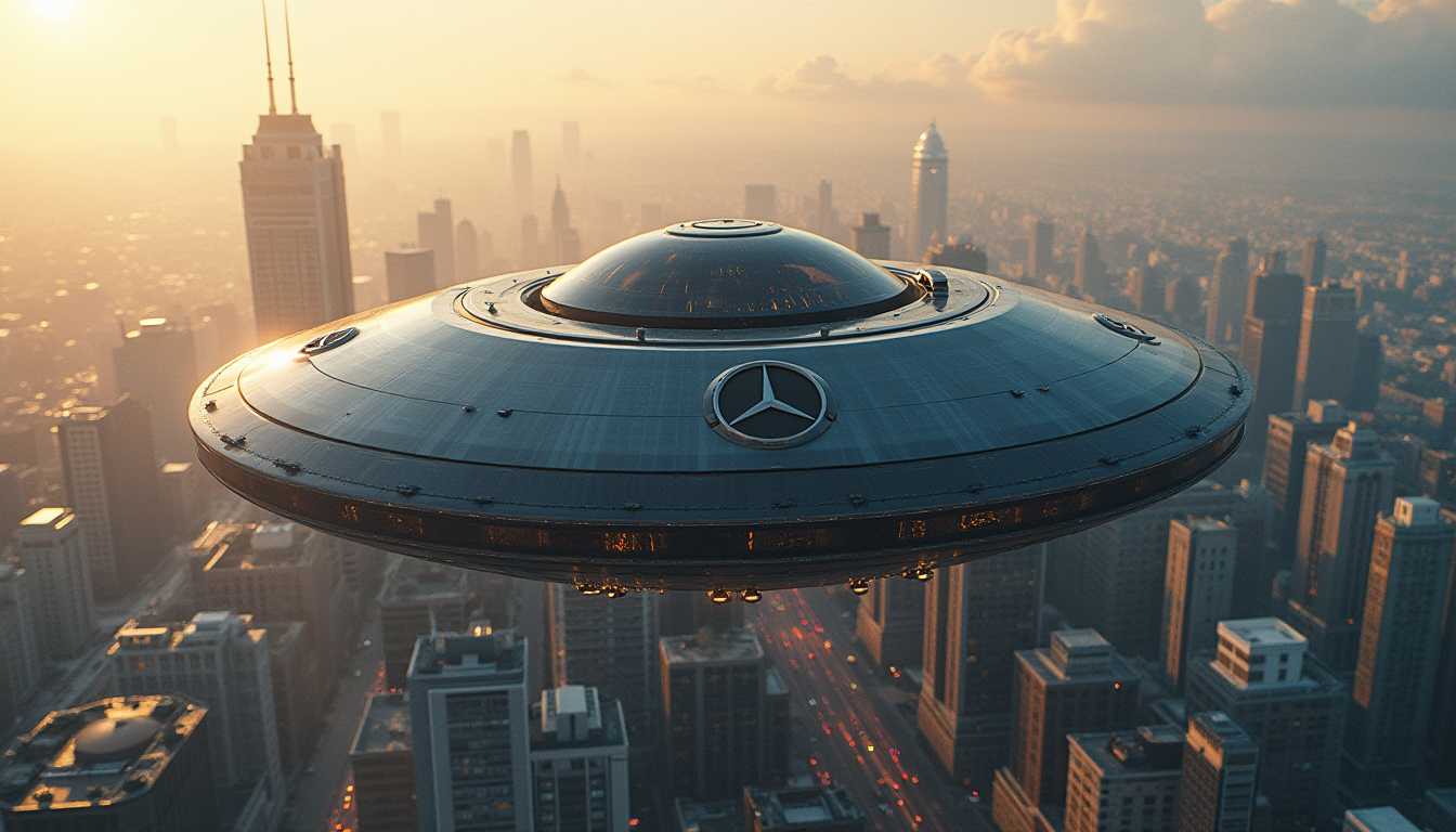 cinematic hyperrealistic photo of an intrinsic detailed futuristic disc shaped spacecraft with an Mercedes logo in the sky hovering over city skyline