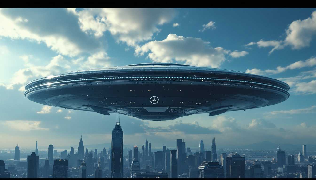 cinematic hyperrealistic photo of an intrinsic detailed futuristic disc shaped spacecraft with an Mercedes logo in the sky hovering over city skyline