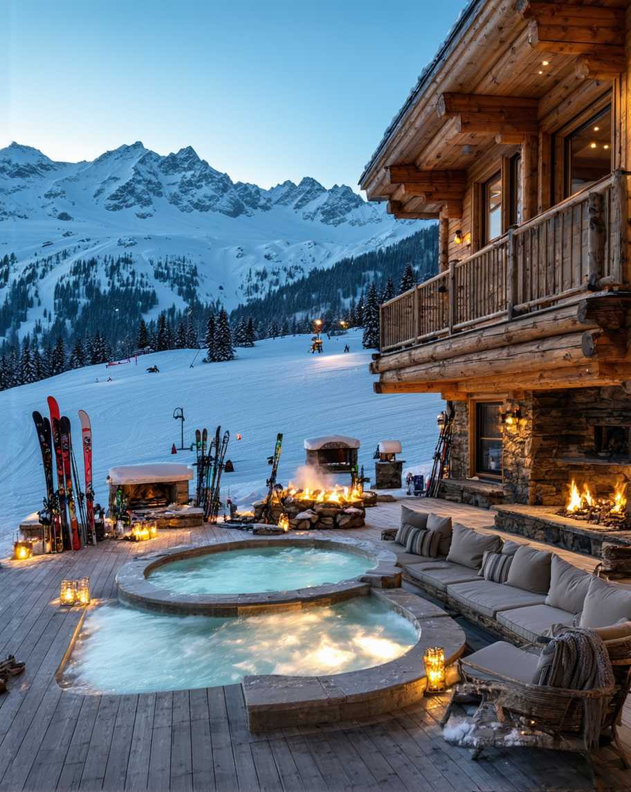 Nestled in the Swiss Alps, this luxurious winter patio backyard offers an unparalleled escape, surrounded by the majestic beauty of snow-covered peaks and pristine ski slopes. The entire patio is crafted from rich, warm wood, giving it an inviting, rustic charm while maintaining an air of sophistication. Large glass windows provide an uninterrupted view of the slopes, allowing you to watch skiers carve down the mountain from the comfort of your own space.At the heart of the patio, a large steaming jacuzzi beckons, its bubbling waters offering the perfect way to unwind after a thrilling day on the slopes. The surrounding wood decking is adorned with soft, plush seating, where you can relax with a glass of wine and take in the breathtaking alpine scenery.Soft lights line the edges of the patio, casting a warm glow against the snowy backdrop as the evening settles in. Nearby, an outdoor fireplace adds to the cozy atmosphere, its flames flickering as the cold air mixes with the warmth of the fire and steam rising from the jacuzzi. Ski equipment is neatly arranged on one side, ready for the next adventure, making this backyard a skier's paradise.This luxurious winter retreat offers the perfect blend of high-end comfort and natural beauty, catering to downhill skiing enthusiasts who dream of waking up to the Swiss Alps and relaxing in ultimate style after an exhilarating day on the slopes.