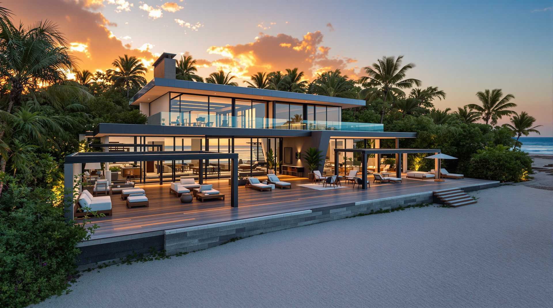 Modern Beachfront LuxurySetting: The scene captures a modern and luxurious beachfront house set against the stunning backdrop of a serene sunset. The house, with its sleek and contemporary architecture, boasts large glass windows that seamlessly merge the indoor and outdoor spaces, offering an unobstructed view of the glistening ocean.Exterior Features: The house is surrounded by a spacious wooden deck, elegantly designed to enhance the coastal living experience. Comfortable seating areas, some nestled under stylish pergolas, invite relaxation while basking in the gentle sea breeze. The deck extends directly to the sandy beach, creating an inviting transition from the house to the natural beauty of the shoreline.Atmosphere: The warm glow of the setting sun casts a golden hue over the entire scene, enriching the tranquil and picturesque atmosphere. The lush greenery enveloping the house adds to the tropical ambiance, emphasizing the harmonious blend of modern architecture with the natural environment.Style and Theme: The overall aesthetic is high-end and sophisticated, emphasizing clean lines, open spaces, and luxurious materials. This image embodies the epitome of contemporary coastal living, offering a serene escape that marries opulence with nature's tranquility.