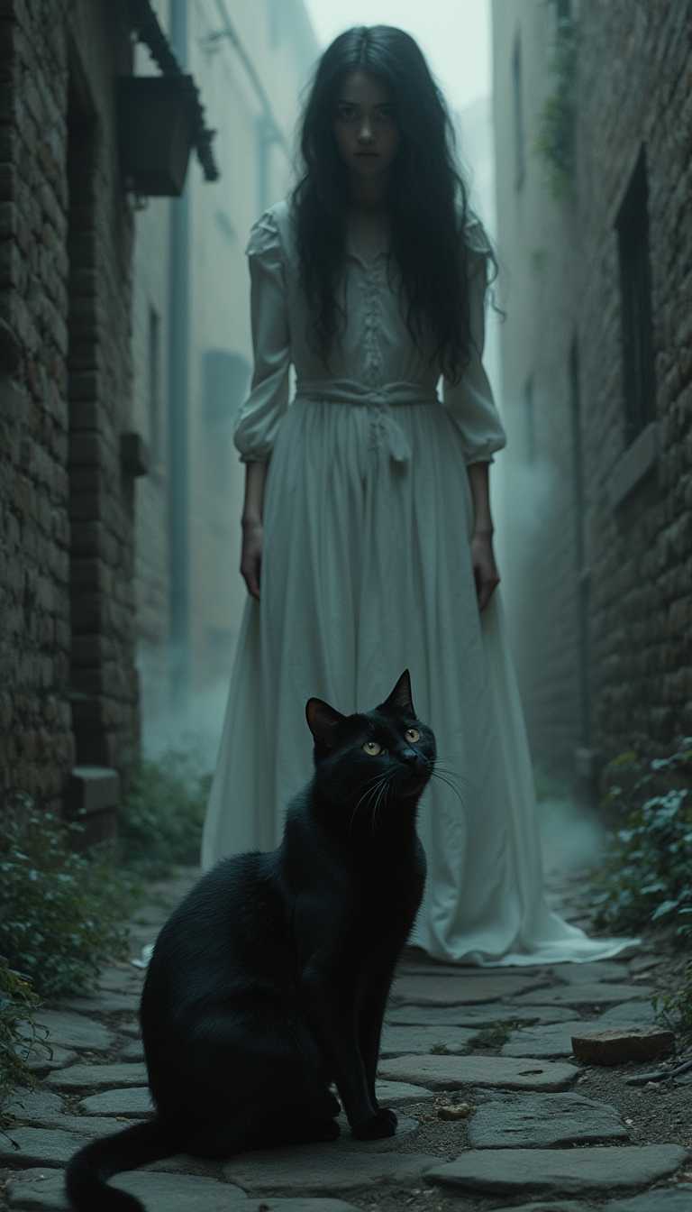 A Heart Heals: "Lost in the quiet corners of the old town, a black cat named Phantom has been wandering for days, unable to escape the sadness that grips her heart. Once a cherished pet, loved by her owner. But now she wanders around in search of answers, unsure if she can ever be happy again, but a mysterious encounter at night could change everything. Behind the cat, as if from a fog, emerges a large, highly detailed ghost of a dark-haired young woman dressed in white.