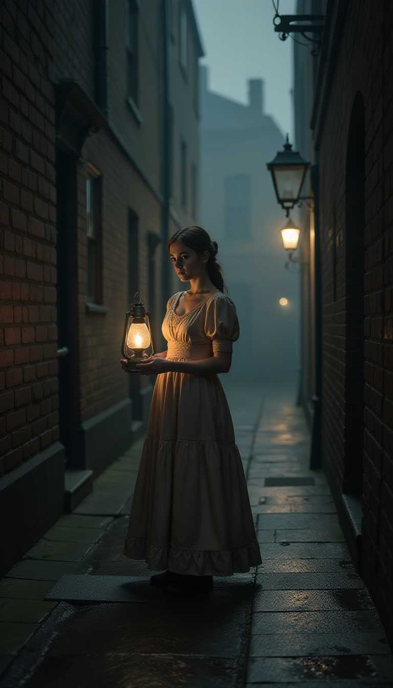Close up at Night! In the eerie darkness of an old English alley during the time of Jack the Ripper, a young lady stands amidst towering, shadowy brick buildings. Dark night. Low Street lights. The narrow cobblestone path is slick with dampness, and London’s infamous fog wraps around her like a shroud, dimming the flickering light of distant gas lamps.Dressed in a simple Victorian gown with muted pastel colors, she clutches an old oil lamp in her trembling hands, its fragile flame casting a warm glow that barely penetrates the oppressive darkness ahead. Her wide, fearful eyes dart from shadow to shad.