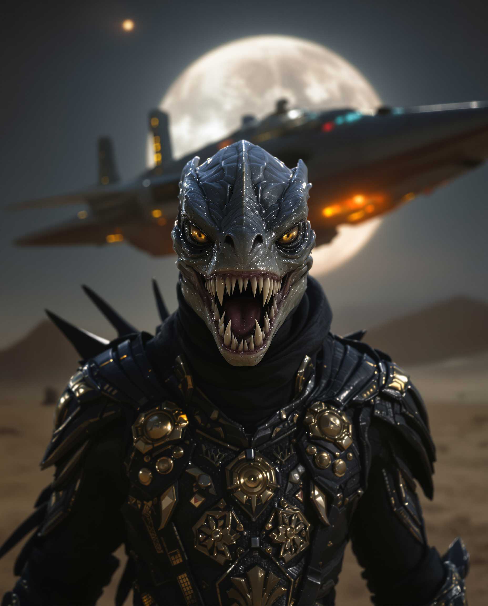 A reptilian alien in the middle of the plane looking straight ahead, reptilian skin, mouth half open showing terrifying teeth. Fierce gestures. He wears a black warrior suit with gold inlays. In the background is his ship suspended in the air. The atmosphere is nocturnal, without a moon in a desert landscape. Hyperrealistic style, 4k.