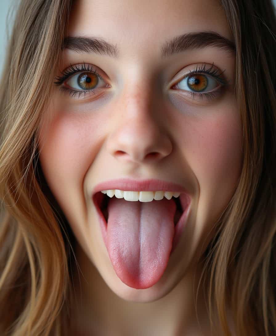 A photograph of a young [amateur|student] woman's face with brown eyes, long hair, and her mouth wide open. The focus is on her mouth, emphasizing her perfect symmetric teeth and the textures ([of tongue::0.05]:0.05). The image is detailed, capturing the natural detailed texture and pores and blemishes and hairs of her skin and the subtle sheen on the inside of the mouth.