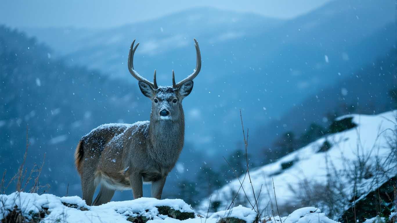 hikuri blue deer in the snowing mountains  peyote