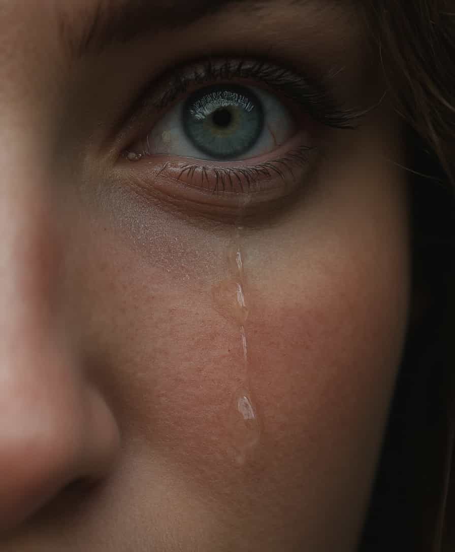 Extreme super macro close-up on single tear drop sliding down the cheek of a young woman  (intimate lighting) no reflections 