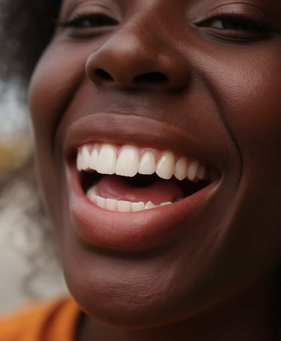 This extreme close-up photograph taken from a low angle features a young ebony black student woman lips. Her face is angled, revealing her  lazy eyes, mouth open, lips parted, and a wide smile, revealing her white upper teeth. Her lips are full and display a natural, healthy texture. Focus on nose and teeth, extreme closeup. skin hairs, [pores], detailed texture, day lighting  