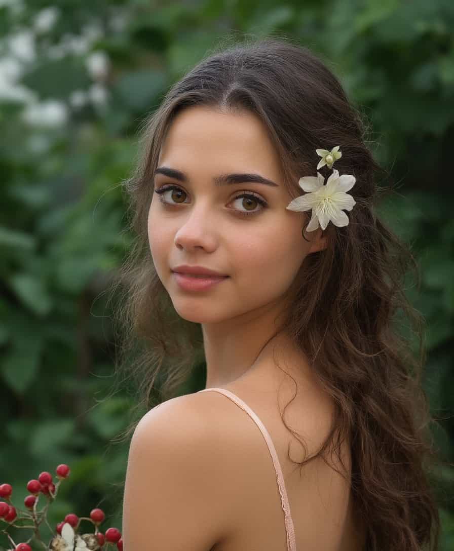 score_9, score_8_up, score_7_up, realistic,  (Extremely Detailed:1.2), (The image depicts a young woman  in her mid-20's with long light brown wavy hair , which is tied back loosely.  In the foreground, she gazes directly at the camera with a serene expression, looking over her right shoulder with tilted almost directly at the camera, showcasing her fair skin and subtle features. A delicate white flower is nestled in her hair on the right side of her head behind her left ear, while two red berries are attached to the ends of strands of hair that frame her face. Her long light brown hair cascades down her back, with a few loose strands framing her face.  Her large, light brown eyes framed by delicate, arched eyebrows.  She is wearing a light pink colored strapless dress or blouse, exposing her shoulder, back, and neck.)
The overall composition is minimalist, with a focus on the subject's face and the delicate, almost ethereal quality of the bouquet. The background is blurred, but it appears to be an outdoor setting, possibly a garden with greenery and large bushes visible behind the woman. The overall atmosphere suggests a serene and natural environment, with the woman's gentle features and the surrounding foliage creating a sense of tranquility.  The image quality  has a film photography Kodak Porta 400 film,  film grain, crystal clear, highly detailed glossy eyes, high detailed skin, skin pores, super sharp, UHD, with focus on her eyes. [(Jessica Alba:0.5,Celine Farach:0.4,Ana de Armas: 0.4)],