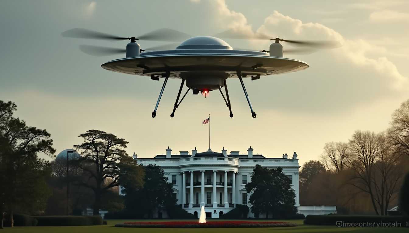 Flying DOJ ((huge drone/ufo)) over White House in Washington D.C. with a radiation sniffer on the bottom
