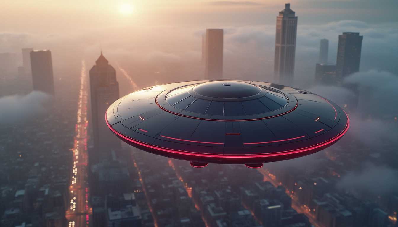 cinematic hyper realistic photo of an intrinsic detailed futuristic disc shaped spacecraft with an TESLA logo in the sky hovering over city skyline