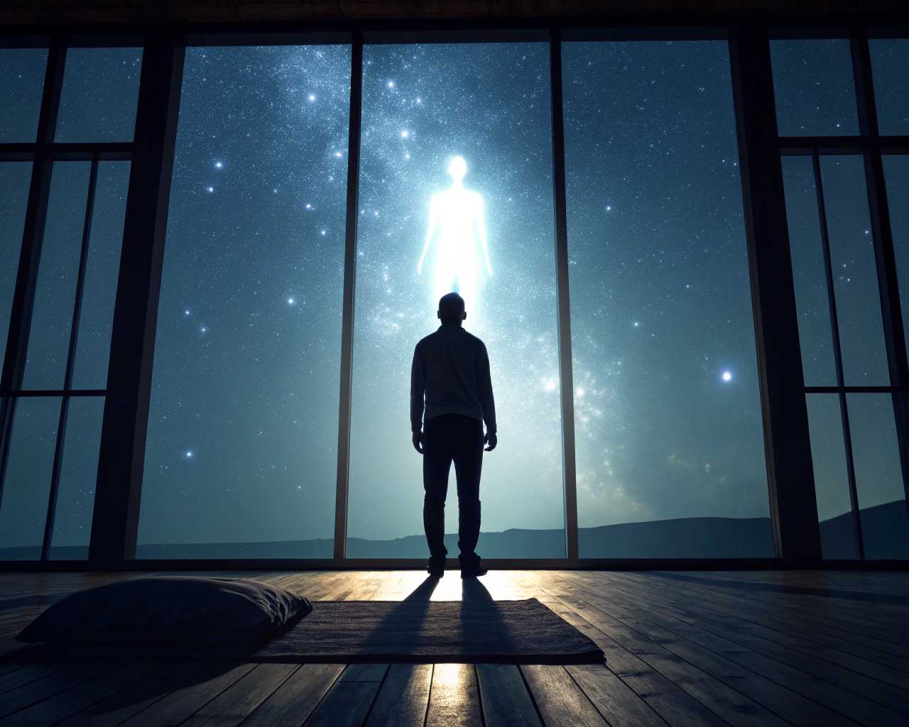 A quiet room with soft ambient light. The spirit, depicted as a delicate, luminous silhouette, floats upward from a person’s body. A faint celestial glow envelops the scene, with a hint of the infinite expanse of the universe blending into the background.