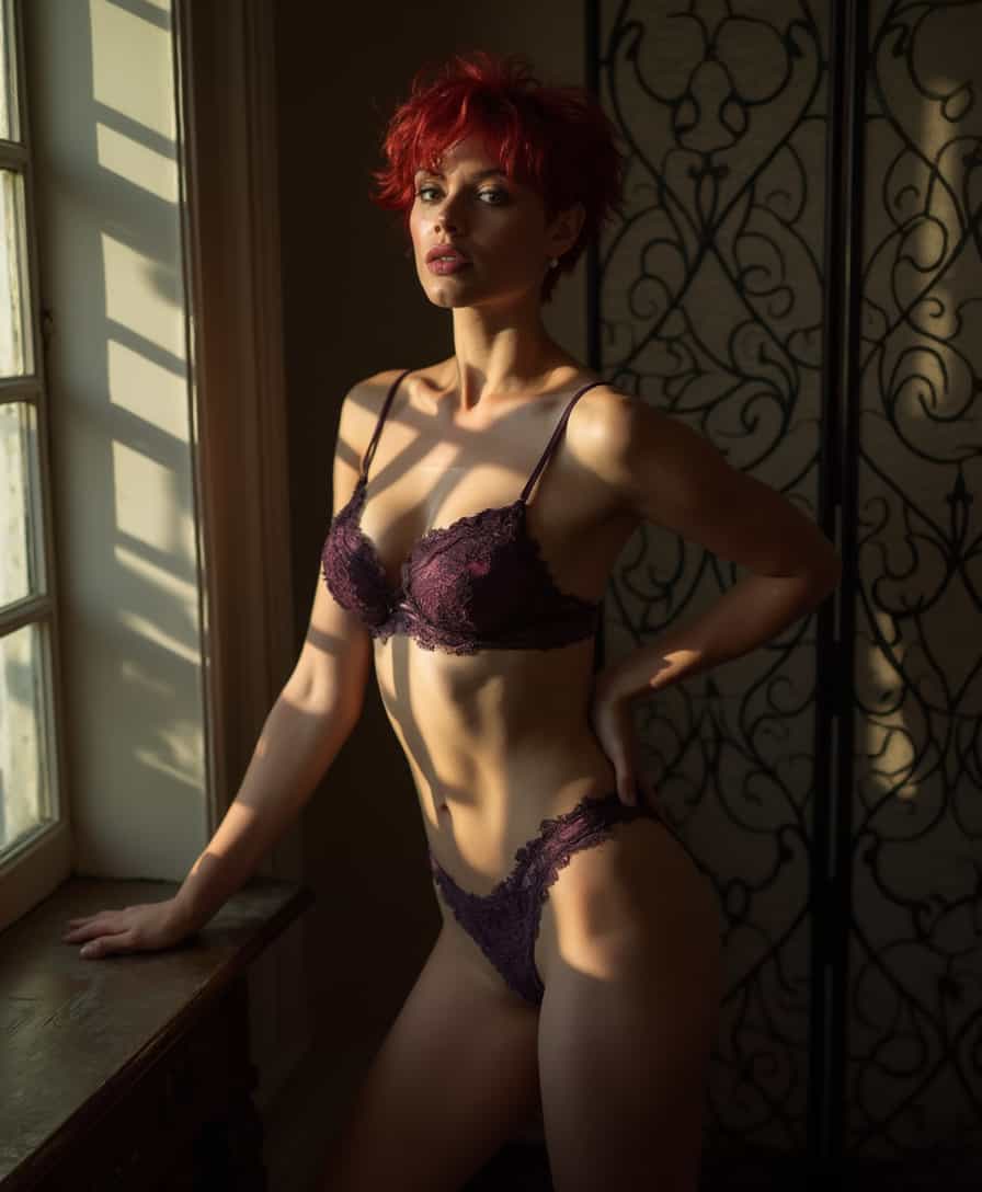 An artistic photo of a 40-year-old woman with short red messy hair, wearing dark purple lingerie with intricate lace details. She stands in a softly lit room where dramatic shadows created by a patterned screen play across her body. Her pose is confident and sultry, with one hand resting on a nearby antique table, evoking a sense of depth and mystery.  
