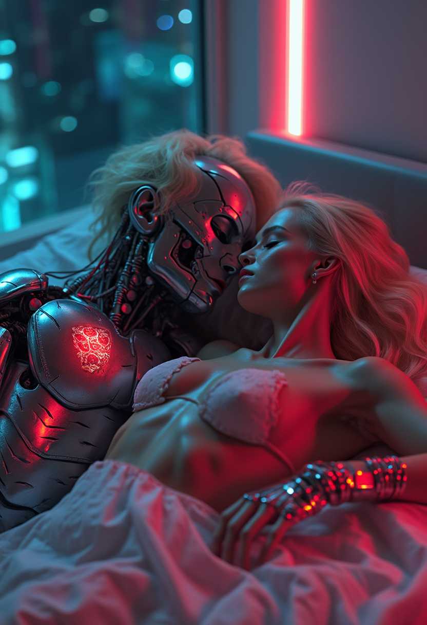 A futuristic bedroom scene featuring a **humanoid android** with a striking resemblance to human anatomy:

- **Subject Details:** The android possesses **long blonde hair** styled in a sleek, futuristic manner, contrasting with its **metallic musculature**. The **neon red tattoo** on its skin glows subtly, accentuating the mechanical intricacies beneath the surface, such as visible gears and circuits.

- **Companion:** A woman lies beside the android, her natural human features contrasting with the artificiality of her companion, creating an intimate yet surreal tableau.

- **Artistic Style:** The scene is rendered in **cyberpunk aesthetics**, with a nod to **hyper-realistic digital art** inspired by artists like H.R. Giger, where the organic and synthetic blur seamlessly.

- **Composition:** The couple is framed in a **close-up**, focusing on their faces and upper bodies. The android is positioned slightly higher, suggesting its mechanical prowess, while the woman's relaxed posture conveys trust and intimacy. The camera angle is **slightly low** to emphasize the android's imposing yet delicate nature.

- **Lighting:** Neon lighting bathes the room in **cool blues and warm reds**, with the android's tattoo providing a focal point of light. The ambient light suggests a futuristic cityscape outside, filtering through the window.

- **Mood and Atmosphere:** The atmosphere is **mysterious and intimate**, with a hint of **melancholy** as the night deepens, encapsulating the complexity of human-android relationships.

- **Technical Aspects:** Use **depth of field** to blur the background, focusing on the subjects. Employ **high dynamic range (HDR)** techniques to capture the full spectrum of light from the neon and the subtle glow of the android's mechanics. The image should have **high contrast** to differentiate between the organic and synthetic elements, with **shallow depth of field** to create a sense of closeness and intimacy.

- **Visual Cohesion:** The scene blends **futuristic technology** with **human emotion**, ensuring that the android's mechanical nature does not detract from the intimacy but rather enhances the surreal, otherworldly feel of the moment.