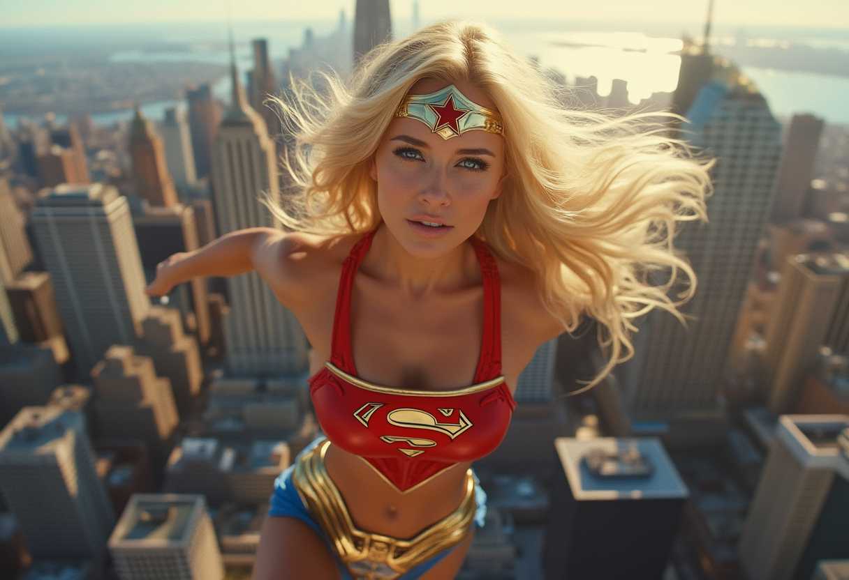 Create an image of superwoman, blonde, wearing bikini super woman uniform with s crest, sexy, motion, flying towards viewer, above New York City, sunny bright day, blue skys 