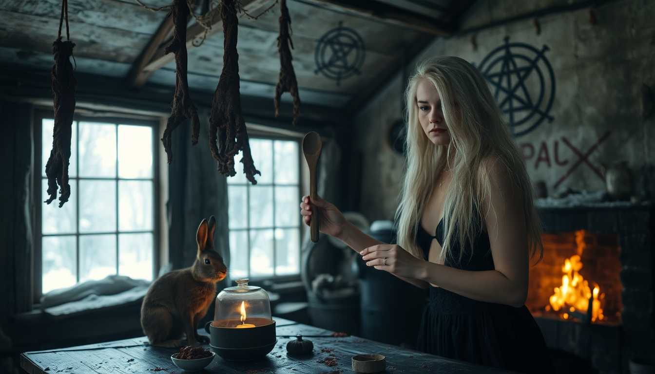 Old vintage photo.
naked old Norse völva witch is brewing potions in her old derelict hut. 
It's winter outside.
nasty, weird occult rotten limbs are hanging in gnarled strings from the ceiling.
There are satanic symbols written on the walls with blood.
she is holding an old wooden spoon.
She has a youngish face and unkempt long wild white hair. 
An old dirty hare is sitting on the table.
There is a lit fireplace.
The witch looks beautiful, but also evil and dangerous.