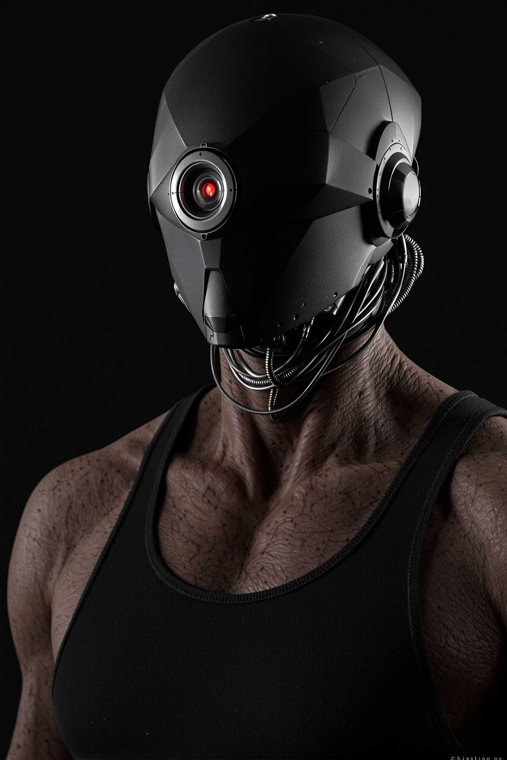 This image is a 3D rendered digital artwork, showcasing a closeup of a humanoid figure with a cybernetic enhancement. The figure is wearing a sleeveless, dark tank top, and the skin texture is highly detailed, with realistic creases and folds that give the appearance of a living, muscular body.The headgear is a metallic helmet with a circular visor, which has a red light emanating from the center, suggesting a technological or mechanical function. The helmets design is angular and futuristic, with a matte finish that reflects light subtly.The figures neck is exposed, and the skin is textured with scars and abrasions, giving the impression of battle scars or a history of hardship. The neck is also adorned with a series of metallic tubes and wires that run down to the chest, indicating a fusion of organic and mechanical elements.The color palette is dark and moody, with deep blacks, browns, and grays dominating the scene. The lighting is dramatic, with shadows that accentuate the contours of the figure and the textures of the skin and clothing. There is a sense of depth achieved through the use of lighting and shadow, which adds to the realism of the image.The overall art style is one of hightech realism, with a focus on the interplay between human anatomy and advanced technology. The medium used to create this image is likely a 3D modeling software, which allows for the creation of complex textures and lighting effects to achieve the desired realism.