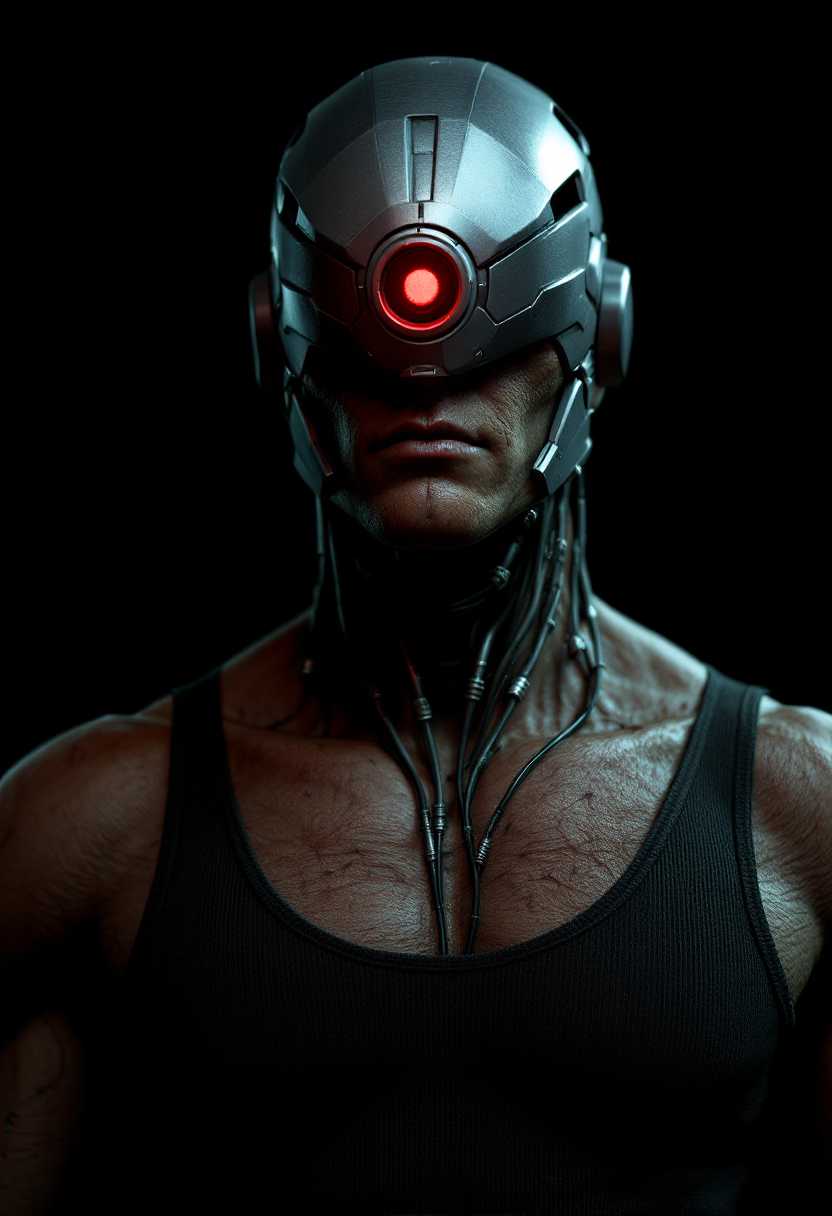 This image is a 3D rendered digital artwork, showcasing a closeup of a humanoid figure with a cybernetic enhancement. The figure is wearing a sleeveless, dark tank top, and the skin texture is highly detailed, with realistic creases and folds that give the appearance of a living, muscular body.The headgear is a metallic helmet with a circular visor, which has a red light emanating from the center, suggesting a technological or mechanical function. The helmets design is angular and futuristic, with a matte finish that reflects light subtly.The figures neck is exposed, and the skin is textured with scars and abrasions, giving the impression of battle scars or a history of hardship. The neck is also adorned with a series of metallic tubes and wires that run down to the chest, indicating a fusion of organic and mechanical elements.The color palette is dark and moody, with deep blacks, browns, and grays dominating the scene. The lighting is dramatic, with shadows that accentuate the contours of the figure and the textures of the skin and clothing. There is a sense of depth achieved through the use of lighting and shadow, which adds to the realism of the image.The overall art style is one of hightech realism, with a focus on the interplay between human anatomy and advanced technology. The medium used to create this image is likely a 3D modeling software, which allows for the creation of complex textures and lighting effects to achieve the desired realism.
