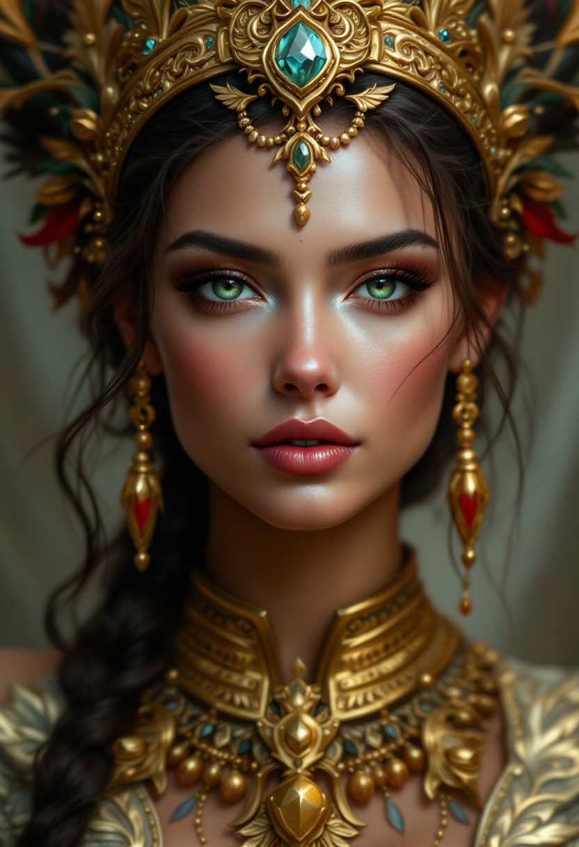 This image is a digital artwork that presents a closeup portrait of a woman that appears to be a fantasy character, possibly a queen or a deity. The art style is highly detailed and realistic with a touch of fantasy, utilizing smooth gradients and intricate textures to create a lifelike appearance.The medium seems to be a digital painting, as evidenced by the seamless blending of colors and the absence of brush strokes. The lighting is soft and diffused, casting gentle shadows that give depth to the figures features and the ornate jewelry.The colors in the image are rich and varied, with a predominance of earthy tones such as browns, golds, and greens, which give the artwork a regal and ancient feel. The figures skin is a tan, which contrasts with the warm tones of the jewelry and the red accents of the flowers.The woman is adorned with an elaborate golden headdress that features intricate patterns and embellishments, including what appears to be a central gemstone. The headdress is further decorated with smaller gemstones, chains, and what might be feathers or leaves, adding to the regal and mystical aura.The figures attire is equally elaborate, with a garment that seems to be made of a dark fabric, possibly velvet, embellished with gold and blue jewels, and detailed with patterns that suggest a high level of craftsmanship. The garment is adorned with spikes and what could be thorns, adding a touch of danger or protection to the figures appearance.On the figures face, there is a serene yet powerful expression, with piercing blue eyes that are detailed with a smoky eye makeup and defined eyelashes. The eyebrows are wellgroomed and arched, and the lips are painted a deep red, which stands out against the pale skin.The figures ears are pointed and elflike, and there are small, ornate earrings that match the headdress. The neck is adorned with a necklace that features a large, prominent gemstone, and there are additional smaller jewels scattered across the chest area.In the foreground, there are two large, vivid red flowers with green leaves, which add a pop of color to the otherwise subdued palette of the image. The flowers are placed asymmetrically, with one slightly in front of the other, and they appear to be in full bloom, with petals that are detailed and realistic.Overall, the image exudes a sense of mystique, power, and regality, with a blend of fantasy and realism that is characteristic of highquality digital art.