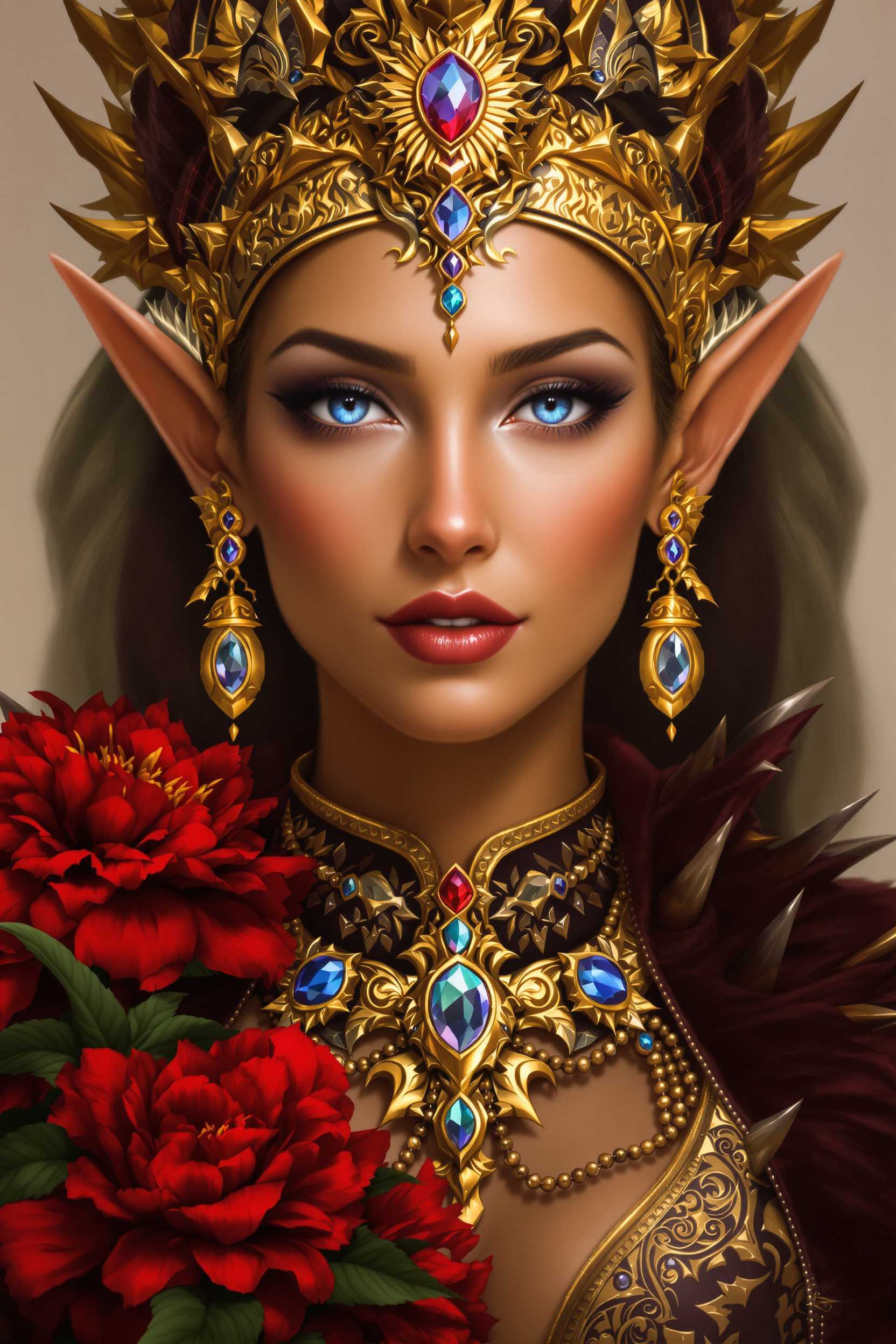 This image is a digital artwork that presents a closeup portrait of a woman that appears to be a fantasy character, possibly a queen or a deity. The art style is highly detailed and realistic with a touch of fantasy, utilizing smooth gradients and intricate textures to create a lifelike appearance.The medium seems to be a digital painting, as evidenced by the seamless blending of colors and the absence of brush strokes. The lighting is soft and diffused, casting gentle shadows that give depth to the figures features and the ornate jewelry.The colors in the image are rich and varied, with a predominance of earthy tones such as browns, golds, and greens, which give the artwork a regal and ancient feel. The figures skin is a tan, which contrasts with the warm tones of the jewelry and the red accents of the flowers.The woman is adorned with an elaborate golden headdress that features intricate patterns and embellishments, including what appears to be a central gemstone. The headdress is further decorated with smaller gemstones, chains, and what might be feathers or leaves, adding to the regal and mystical aura.The figures attire is equally elaborate, with a garment that seems to be made of a dark fabric, possibly velvet, embellished with gold and blue jewels, and detailed with patterns that suggest a high level of craftsmanship. The garment is adorned with spikes and what could be thorns, adding a touch of danger or protection to the figures appearance.On the figures face, there is a serene yet powerful expression, with piercing blue eyes that are detailed with a smoky eye makeup and defined eyelashes. The eyebrows are wellgroomed and arched, and the lips are painted a deep red, which stands out against the tan skin.The figures ears are pointed and elf like, and there are small, ornate earrings that match the head dress. The neck is adorned with a necklace that features a large, prominent gemstone, and there are additional smaller jewels scattered across the chest area.In the foreground, there are two large, vivid red flowers with green leaves, which add a pop of color to the otherwise subdued palette of the image. The flowers are placed asymmetrically, with one slightly in front of the other, and they appear to be in full bloom, with petals that are detailed and realistic.Overall, the image exudes a sense of mystique, power, and regality, with a blend of fantasy and realism that is characteristic of high quality digital art.