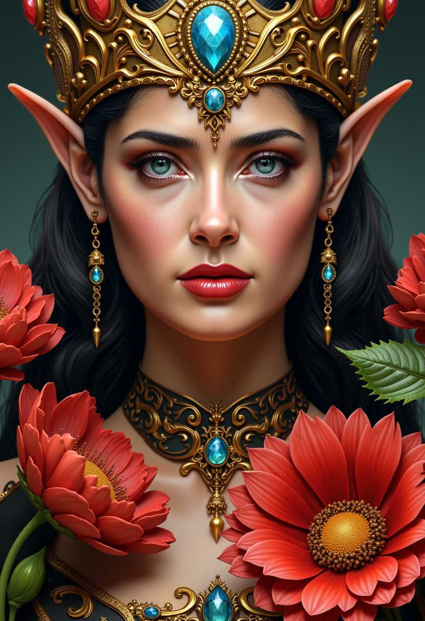 a photo of SH72, This image is a digital artwork that presents a closeup portrait of a woman that appears to be a fantasy character, possibly a queen or a deity. The art style is highly detailed and realistic with a touch of fantasy, utilizing smooth gradients and intricate textures to create a lifelike appearance.The medium seems to be a digital painting, as evidenced by the seamless blending of colors and the absence of brush strokes. The lighting is soft and diffused, casting gentle shadows that give depth to the figures features and the ornate jewelry.The colors in the image are rich and varied, with a predominance of earthy tones such as browns, golds, and greens, which give the artwork a regal and ancient feel. The figures skin is a tan, which contrasts with the warm tones of the jewelry and the red accents of the flowers.The woman is adorned with an elaborate golden headdress that features intricate patterns and embellishments, including what appears to be a central gemstone. The headdress is further decorated with smaller gemstones, chains, and what might be feathers or leaves, adding to the regal and mystical aura.The figures attire is equally elaborate, with a garment that seems to be made of a dark fabric, possibly velvet, embellished with gold and blue jewels, and detailed with patterns that suggest a high level of craftsmanship. The garment is adorned with spikes and what could be thorns, adding a touch of danger or protection to the figures appearance.On the figures face, there is a serene yet powerful expression, with piercing blue eyes that are detailed with a smoky eye makeup and defined eyelashes. The eyebrows are wellgroomed and arched, and the lips are painted a deep red, which stands out against the tan skin.The figures ears are pointed and elf like, and there are small, ornate earrings that match the head dress. The neck is adorned with a necklace that features a large, prominent gemstone, and there are additional smaller jewels scattered across the chest area.In the foreground, there are two large, vivid red flowers with green leaves, which add a pop of color to the otherwise subdued palette of the image. The flowers are placed asymmetrically, with one slightly in front of the other, and they appear to be in full bloom, with petals that are detailed and realistic.Overall, the image exudes a sense of mystique, power, and regality, with a blend of fantasy and realism that is characteristic of high quality digital art.