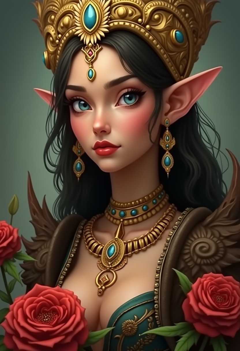 disney style, a photo of SH72, This image is a digital artwork that presents a closeup portrait of a woman that appears to be a fantasy character, possibly a queen or a deity. The art style is highly detailed and realistic with a touch of fantasy, utilizing smooth gradients and intricate textures to create a lifelike appearance.The medium seems to be a digital painting, as evidenced by the seamless blending of colors and the absence of brush strokes. The lighting is soft and diffused, casting gentle shadows that give depth to the figures features and the ornate jewelry.The colors in the image are rich and varied, with a predominance of earthy tones such as browns, golds, and greens, which give the artwork a regal and ancient feel. The figures skin is a tan, which contrasts with the warm tones of the jewelry and the red accents of the flowers.The woman is adorned with an elaborate golden headdress that features intricate patterns and embellishments, including what appears to be a central gemstone. The headdress is further decorated with smaller gemstones, chains, and what might be feathers or leaves, adding to the regal and mystical aura.The figures attire is equally elaborate, with a garment that seems to be made of a dark fabric, possibly velvet, embellished with gold and blue jewels, and detailed with patterns that suggest a high level of craftsmanship. The garment is adorned with spikes and what could be thorns, adding a touch of danger or protection to the figures appearance.On the figures face, there is a serene yet powerful expression, with piercing blue eyes that are detailed with a smoky eye makeup and defined eyelashes. The eyebrows are wellgroomed and arched, and the lips are painted a deep red, which stands out against the tan skin.The figures ears are pointed and elf like, and there are small, ornate earrings that match the head dress. The neck is adorned with a necklace that features a large, prominent gemstone, and there are additional smaller jewels scattered across the chest area.In the foreground, there are two large, vivid red flowers with green leaves, which add a pop of color to the otherwise subdued palette of the image. The flowers are placed asymmetrically, with one slightly in front of the other, and they appear to be in full bloom, with petals that are detailed and realistic.Overall, the image exudes a sense of mystique, power, and regality, with a blend of fantasy and realism that is characteristic of high quality digital art.