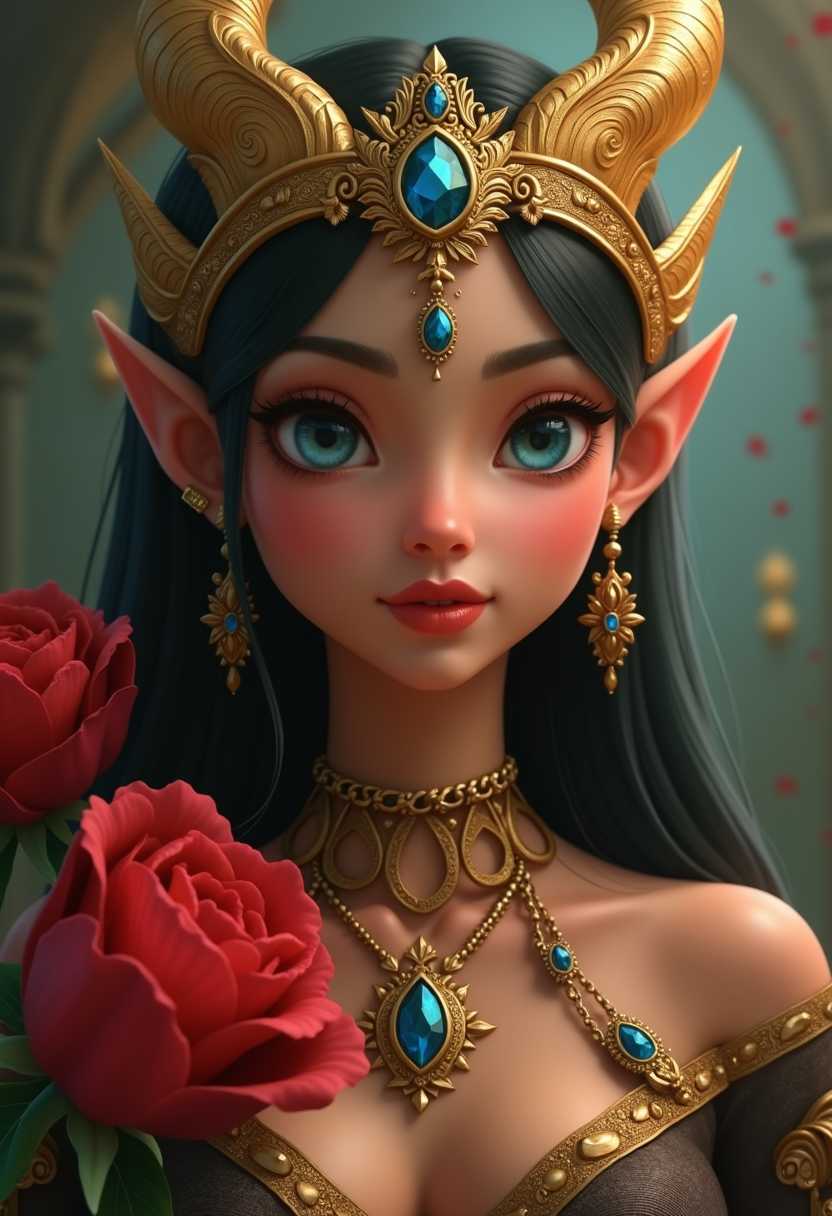 disney style, a photo of SH72, This image is a digital artwork that presents a closeup portrait of a woman that appears to be a fantasy character, possibly a queen or a deity. The art style is highly detailed and realistic with a touch of fantasy, utilizing smooth gradients and intricate textures to create a lifelike appearance.The medium seems to be a digital painting, as evidenced by the seamless blending of colors and the absence of brush strokes. The lighting is soft and diffused, casting gentle shadows that give depth to the figures features and the ornate jewelry.The colors in the image are rich and varied, with a predominance of earthy tones such as browns, golds, and greens, which give the artwork a regal and ancient feel. The figures skin is a tan, which contrasts with the warm tones of the jewelry and the red accents of the flowers.The woman is adorned with an elaborate golden headdress that features intricate patterns and embellishments, including what appears to be a central gemstone. The headdress is further decorated with smaller gemstones, chains, and what might be feathers or leaves, adding to the regal and mystical aura.The figures attire is equally elaborate, with a garment that seems to be made of a dark fabric, possibly velvet, embellished with gold and blue jewels, and detailed with patterns that suggest a high level of craftsmanship. The garment is adorned with spikes and what could be thorns, adding a touch of danger or protection to the figures appearance.On the figures face, there is a serene yet powerful expression, with piercing blue eyes that are detailed with a smoky eye makeup and defined eyelashes. The eyebrows are wellgroomed and arched, and the lips are painted a deep red, which stands out against the tan skin.The figures ears are pointed and elf like, and there are small, ornate earrings that match the head dress. The neck is adorned with a necklace that features a large, prominent gemstone, and there are additional smaller jewels scattered across the chest area.In the foreground, there are two large, vivid red flowers with green leaves, which add a pop of color to the otherwise subdued palette of the image. The flowers are placed asymmetrically, with one slightly in front of the other, and they appear to be in full bloom, with petals that are detailed and realistic.Overall, the image exudes a sense of mystique, power, and regality, with a blend of fantasy and realism that is characteristic of high quality digital art.