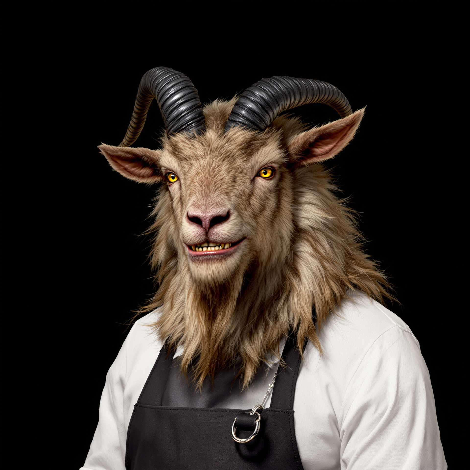 This image features a creature with the head of a goat, wearing a white shirt with a black collar and a dark apron over it. The creatures fur is a mix of light and dark shades, giving it a realistic texture and depth. The fur on the neck and chest is particularly thick and curly.The goats horns are curved and appear to be made of a dark, possibly metallic material, giving them a rugged and imposing look. The creatures eyes are yellow, and its mouth is slightly open, showing teeth that are also yellow. The creatures expression is one of contentment or mild amusement.The art style of the image is realistic with a touch of fantasy, as the creature is a mythical being. The medium appears to be a digital rendering, given the smooth texture and lighting of the fur and the sharpness of the details.The colors in the image are primarily earthy tones, with the white shirt providing a stark contrast against the dark apron and the dark background. The creatures fur is a mix of browns and grays, while the horns and the apron are black. The yellow eyes and teeth add a pop of color to the otherwise muted palette.There are no other objects in the image, focusing the viewers attention solely on the creature. The background is a solid dark color, which serves to highlight the creature and give it a sense of depth. The lighting in the image is soft and diffused, casting gentle shadows that give the creatures fur a threedimensional quality.