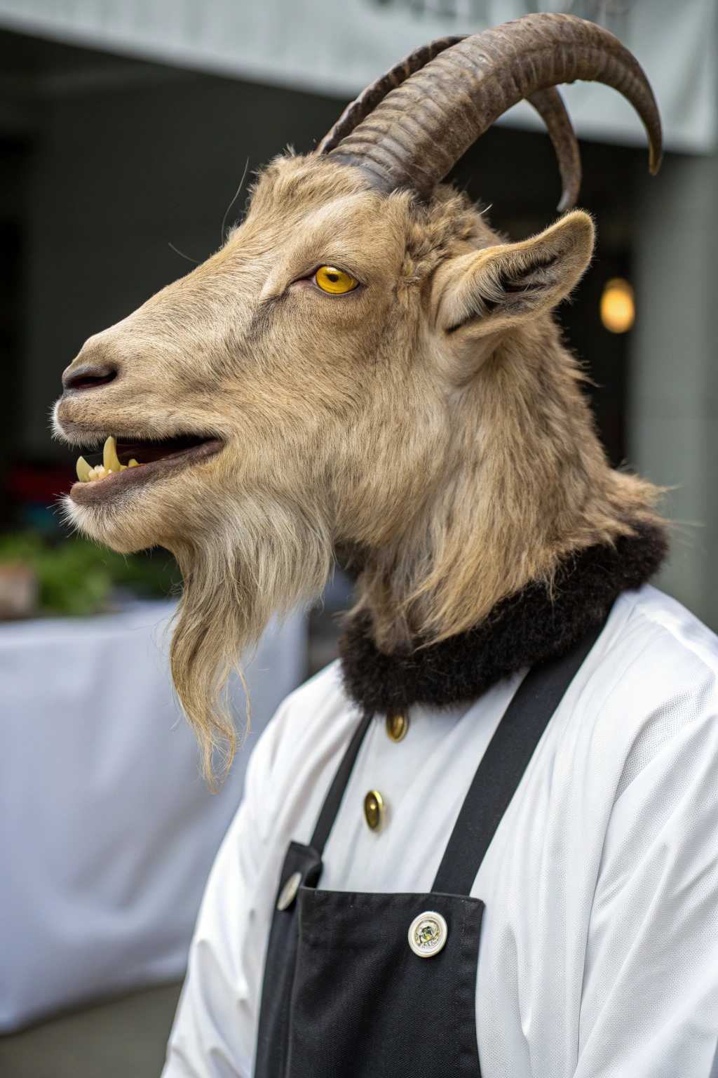 This image features a creature with the head of a goat, wearing a white shirt with a black collar and a dark apron over it. The creatures fur is a mix of light and dark shades, giving it a realistic texture and depth. The fur on the neck and chest is particularly thick and curly.The goats horns are curved and appear to be made of a dark, possibly metallic material, giving them a rugged and imposing look. The creatures eyes are yellow, and its mouth is slightly open, showing teeth that are also yellow. The creatures expression is one of contentment or mild amusement.The art style of the image is realistic with a touch of fantasy, as the creature is a mythical being. The medium appears to be a digital rendering, given the smooth texture and lighting of the fur and the sharpness of the details.The colors in the image are primarily earthy tones, with the white shirt providing a stark contrast against the dark apron and the dark background. The creatures fur is a mix of browns and grays, while the horns and the apron are black. The yellow eyes and teeth add a pop of color to the otherwise muted palette.There are no other objects in the image, focusing the viewers attention solely on the creature. The background is a solid dark color, which serves to highlight the creature and give it a sense of depth. The lighting in the image is soft and diffused, casting gentle shadows that give the creatures fur a threedimensional quality.